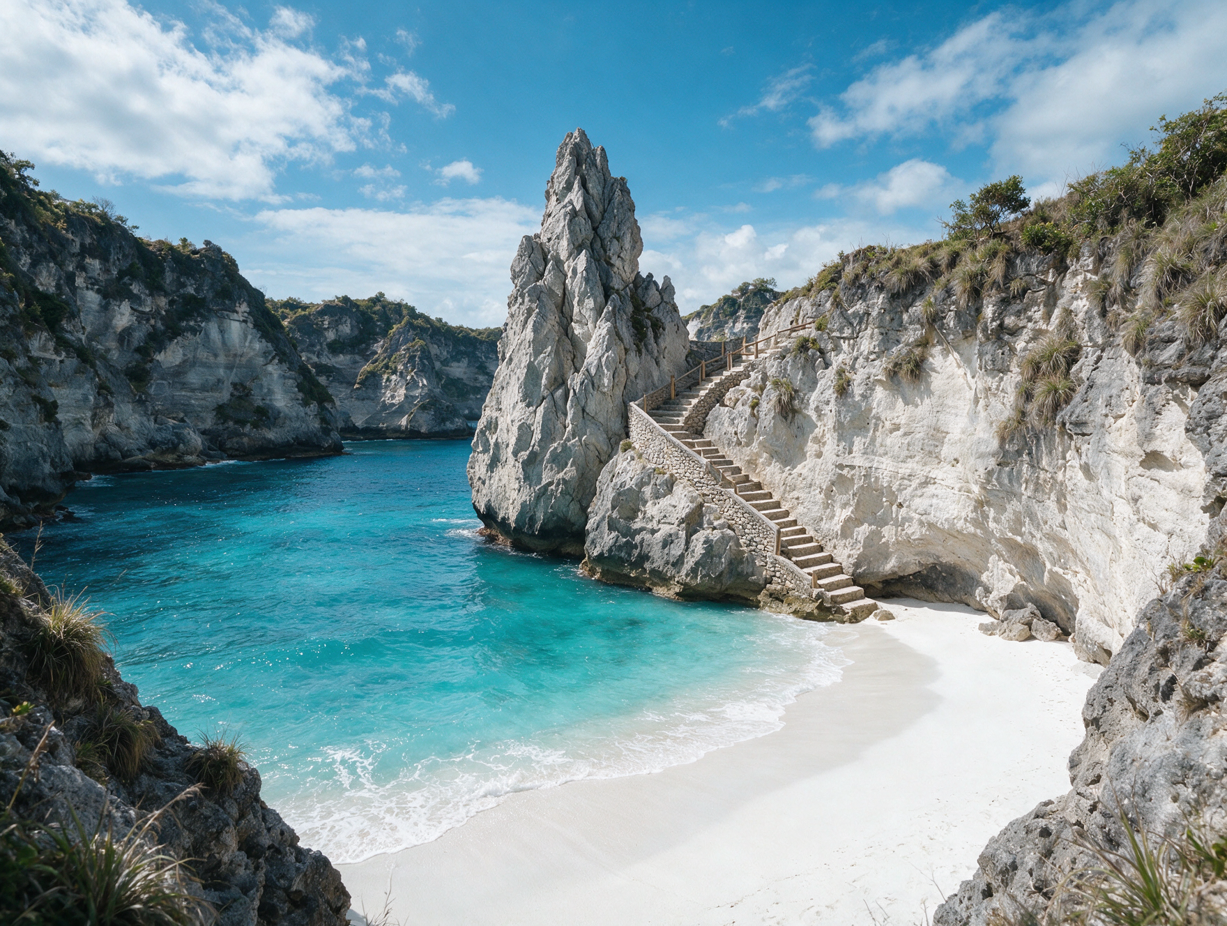 White sand cove with limestone rock pillars at Diamond Beach, Nusa Penida