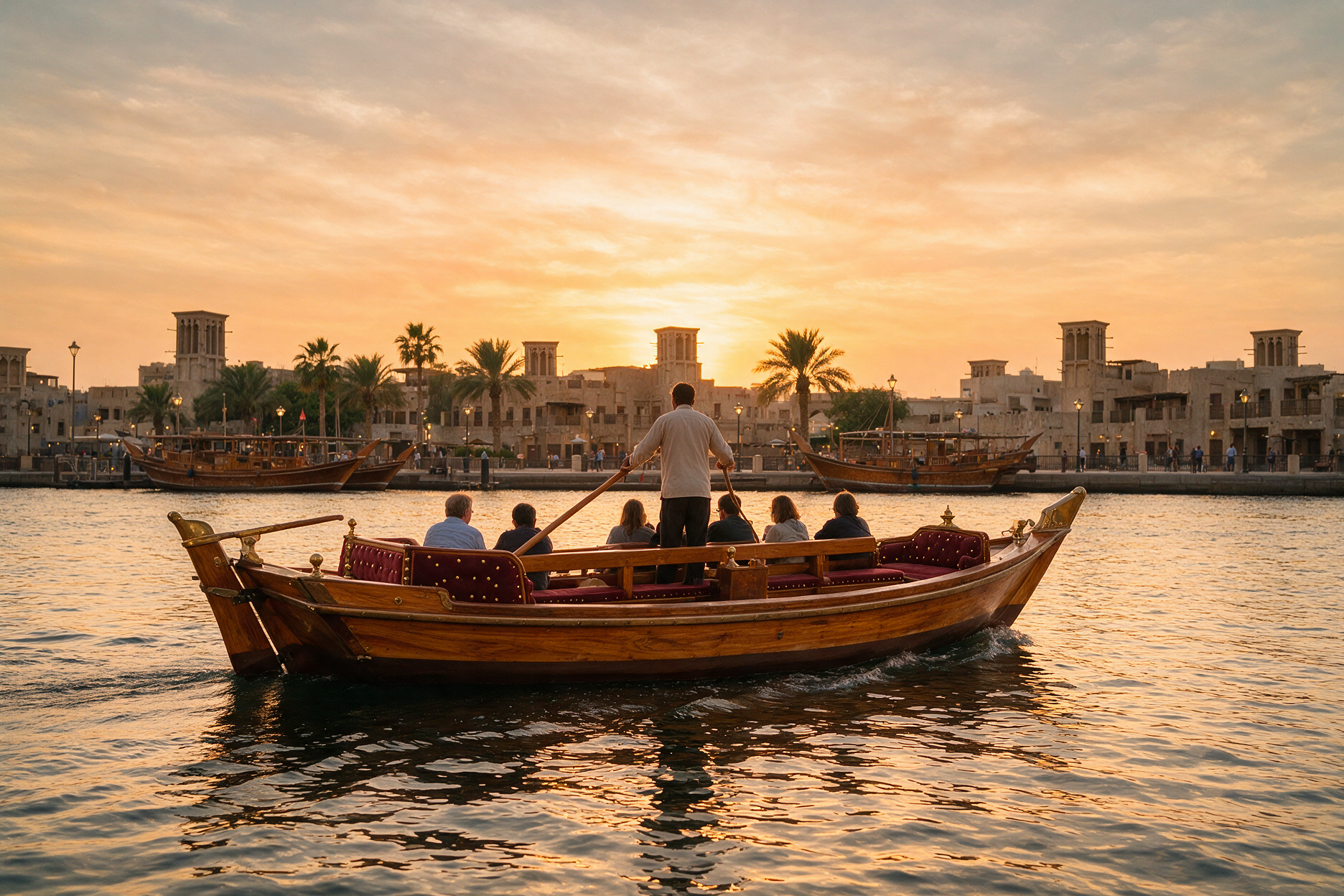 Traditional wooden abra boat crossing Dubai Creek at golden hour with Old Dubai's wind-tower buildings in the background