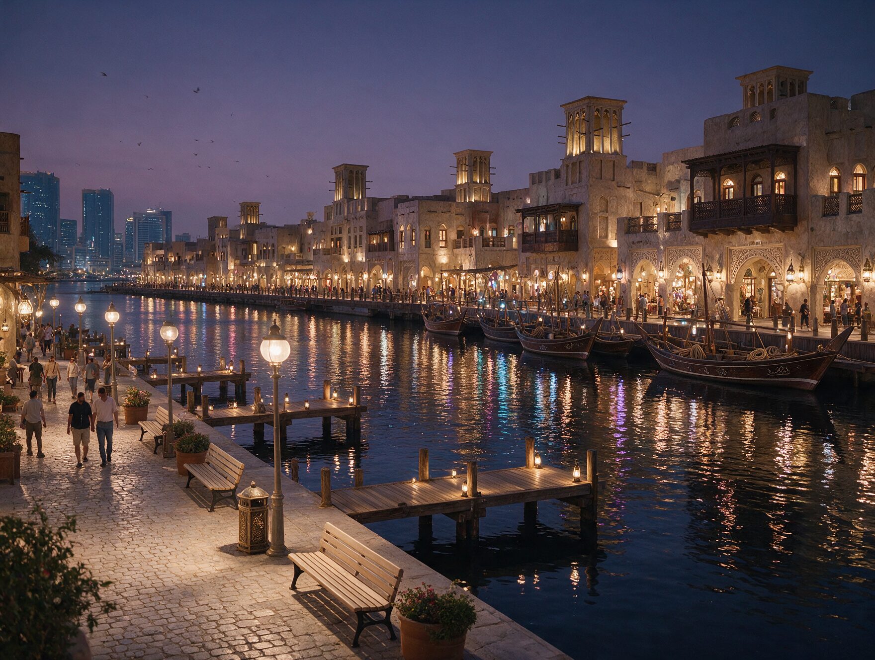 Al Seef waterfront district at dusk with heritage-style buildings lit up along Dubai Creek, dhows moored nearby