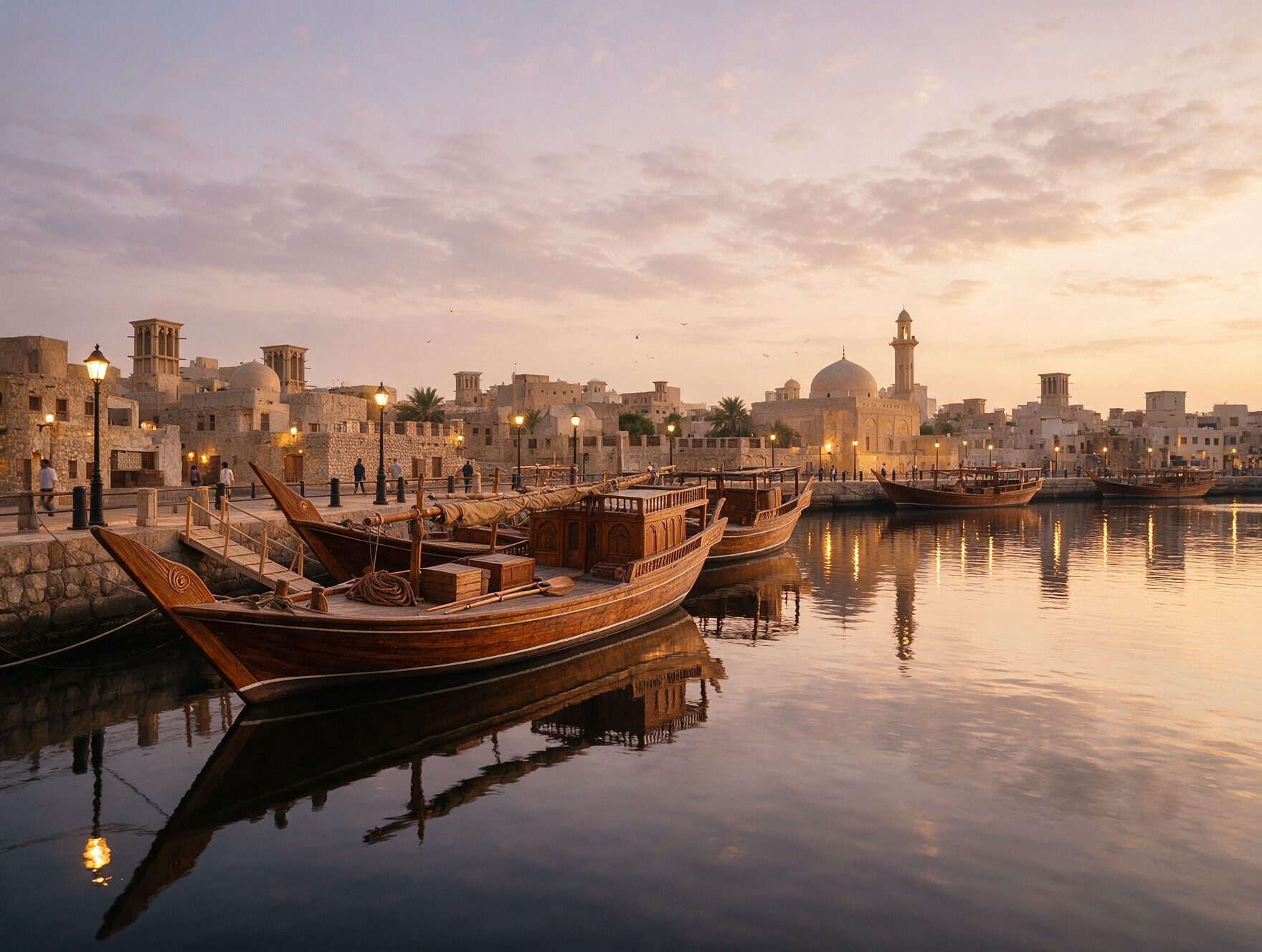 Dubai Creek at dawn with traditional wooden dhow boats moored along the waterfront and calm reflective water