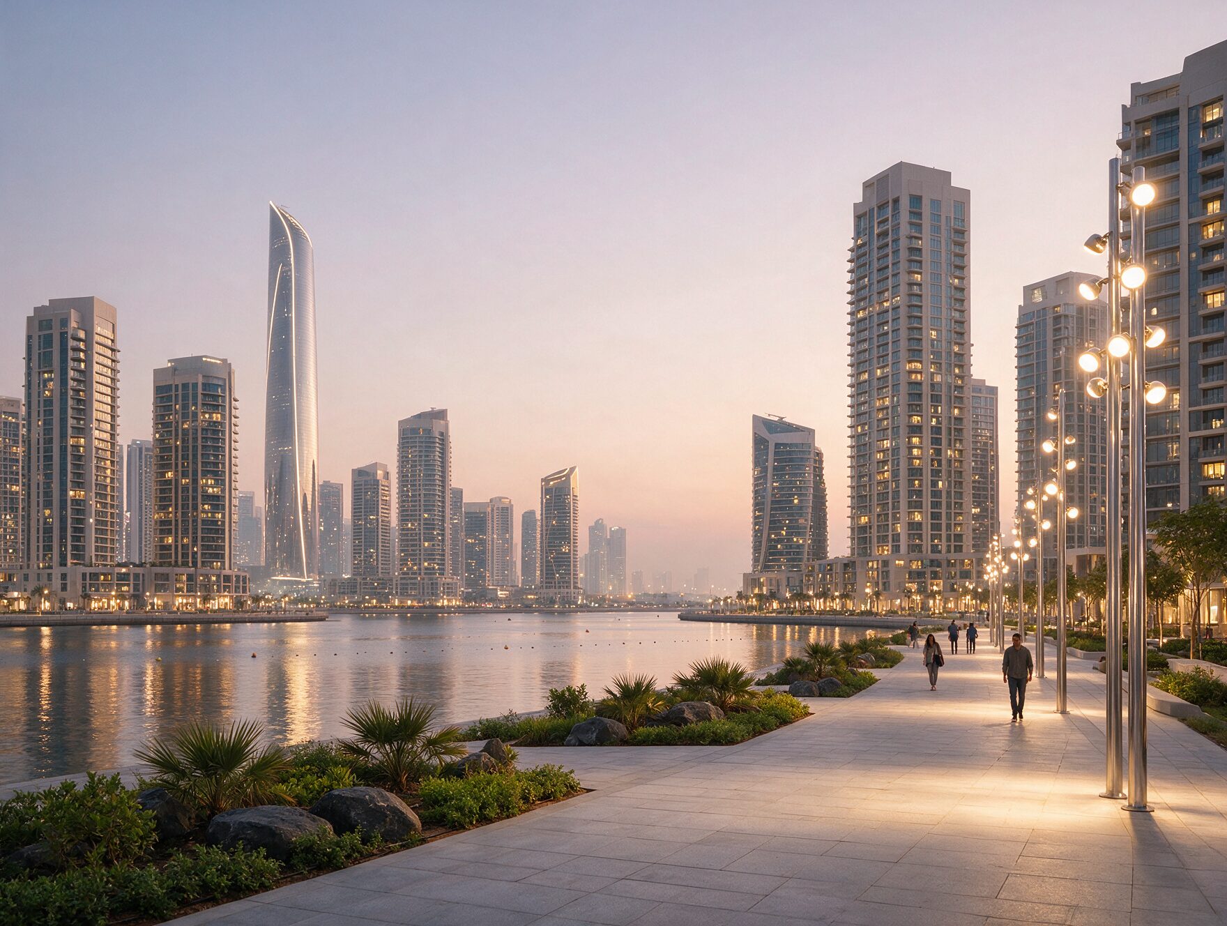 Dubai Creek Harbour modern waterfront promenade at dusk with new high-rise towers and wide pedestrian walkways