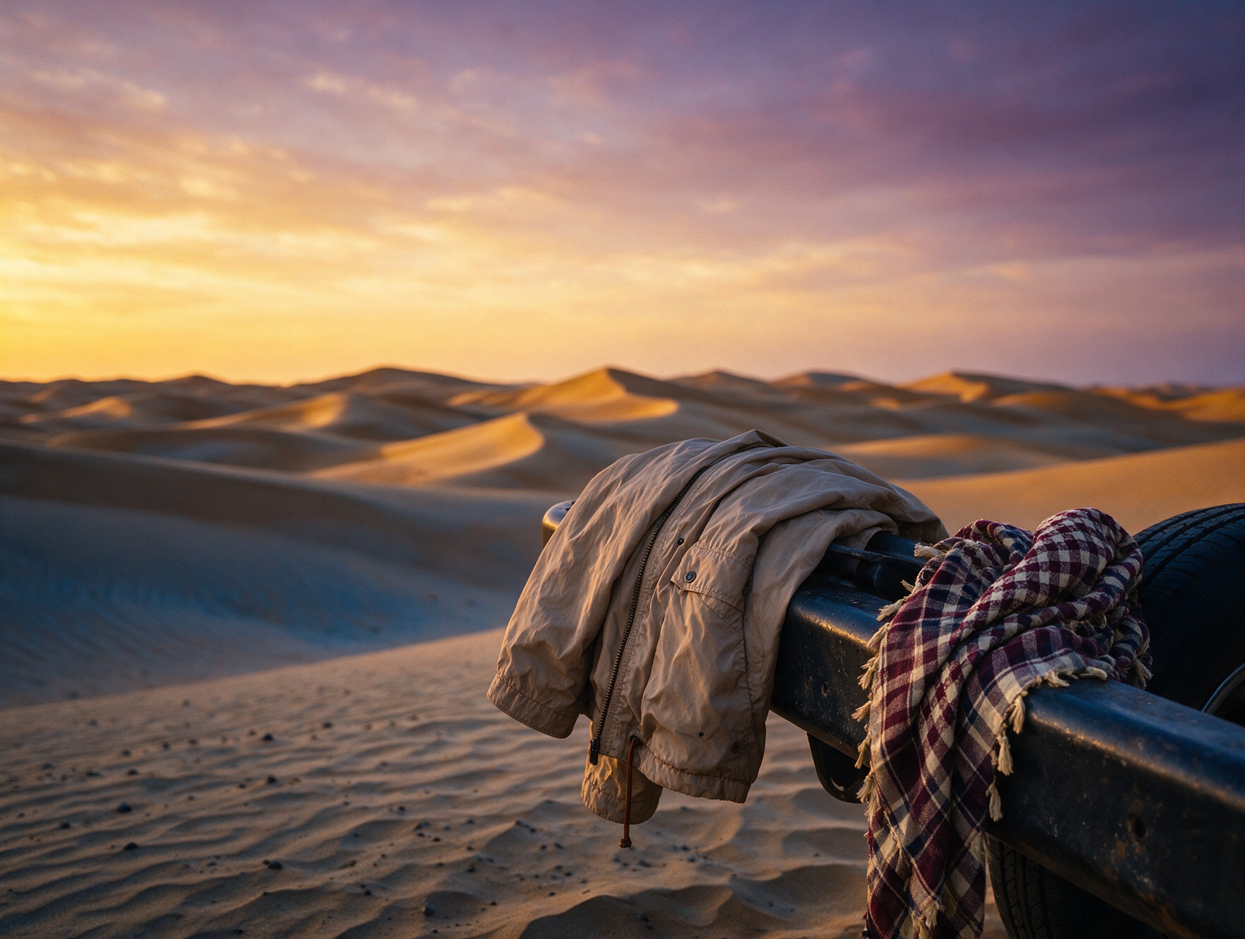 Light jacket and checkered scarf draped over a 4x4 bumper at dusk in the Dubai desert, packed for evening desert safari temperature drop