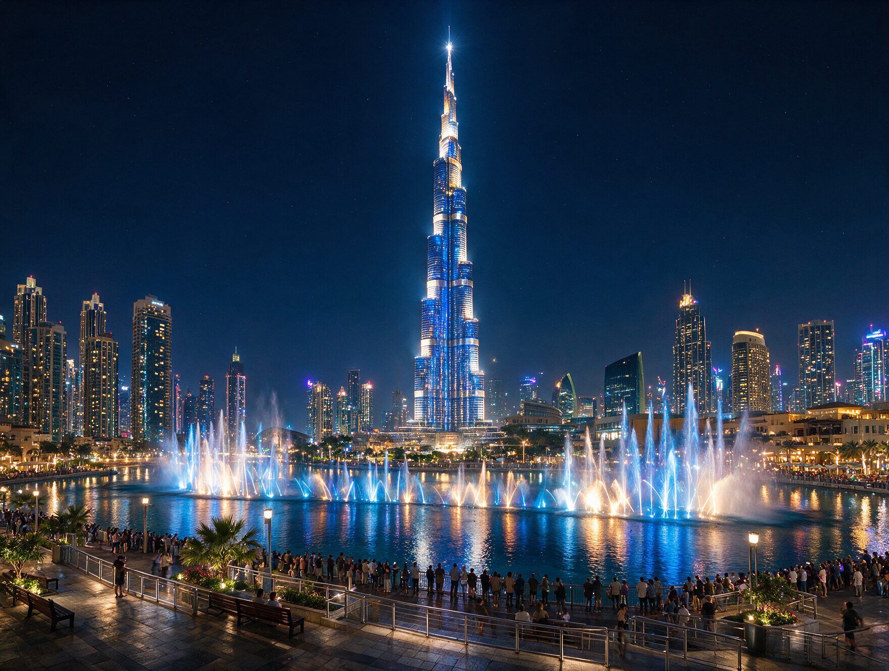 The Dubai Fountain performing at night in front of the illuminated Burj Khalifa, crowds gathered along the promenade