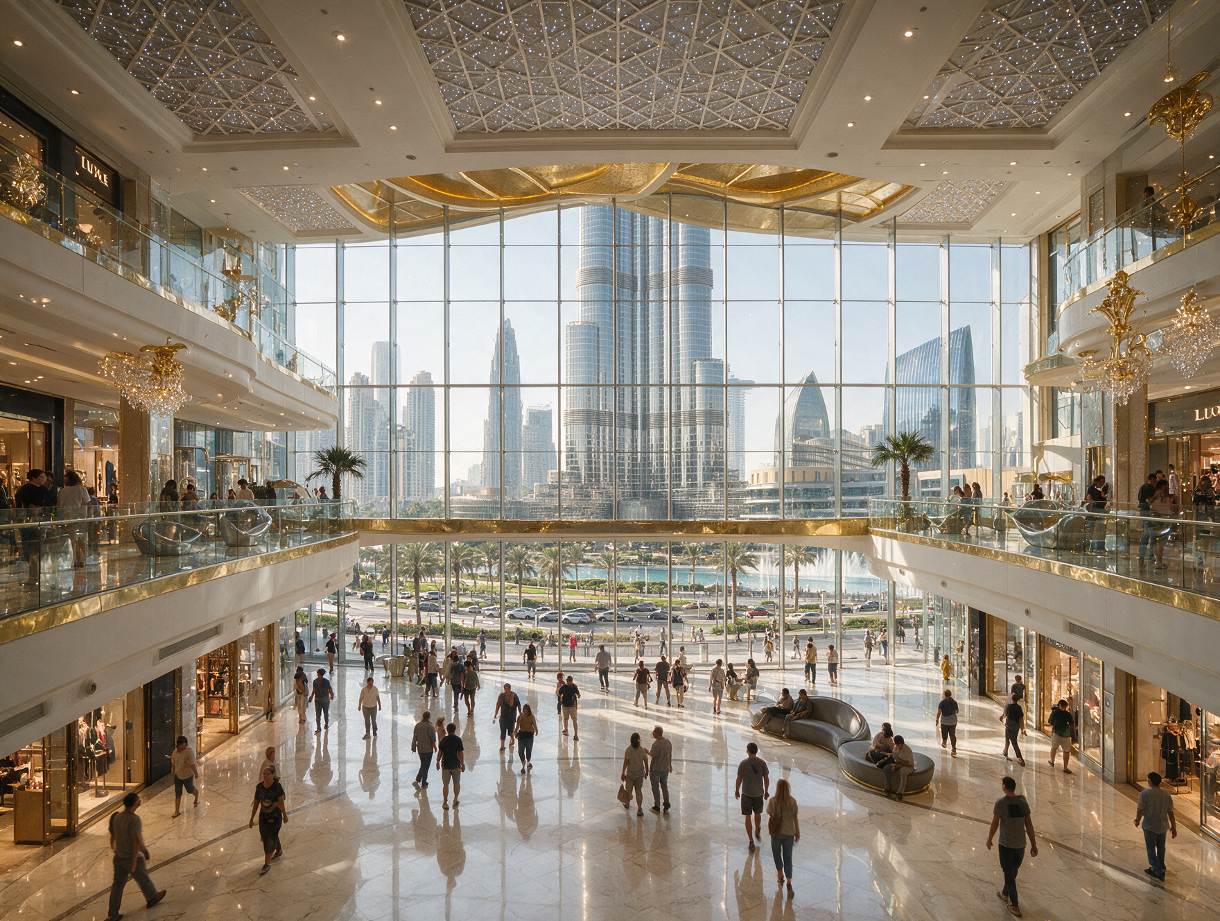 Shoppers and tourists walking through the Dubai Mall atrium with the Burj Khalifa visible through floor-to-ceiling windows
