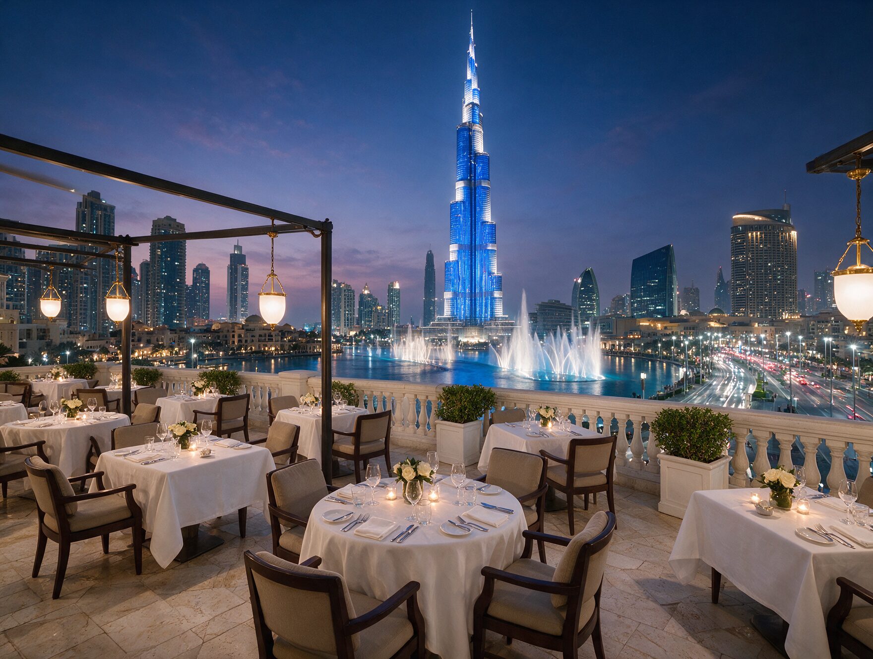 Rooftop restaurant terrace in Downtown Dubai with a fountain-facing view and the Burj Khalifa illuminated at dusk
