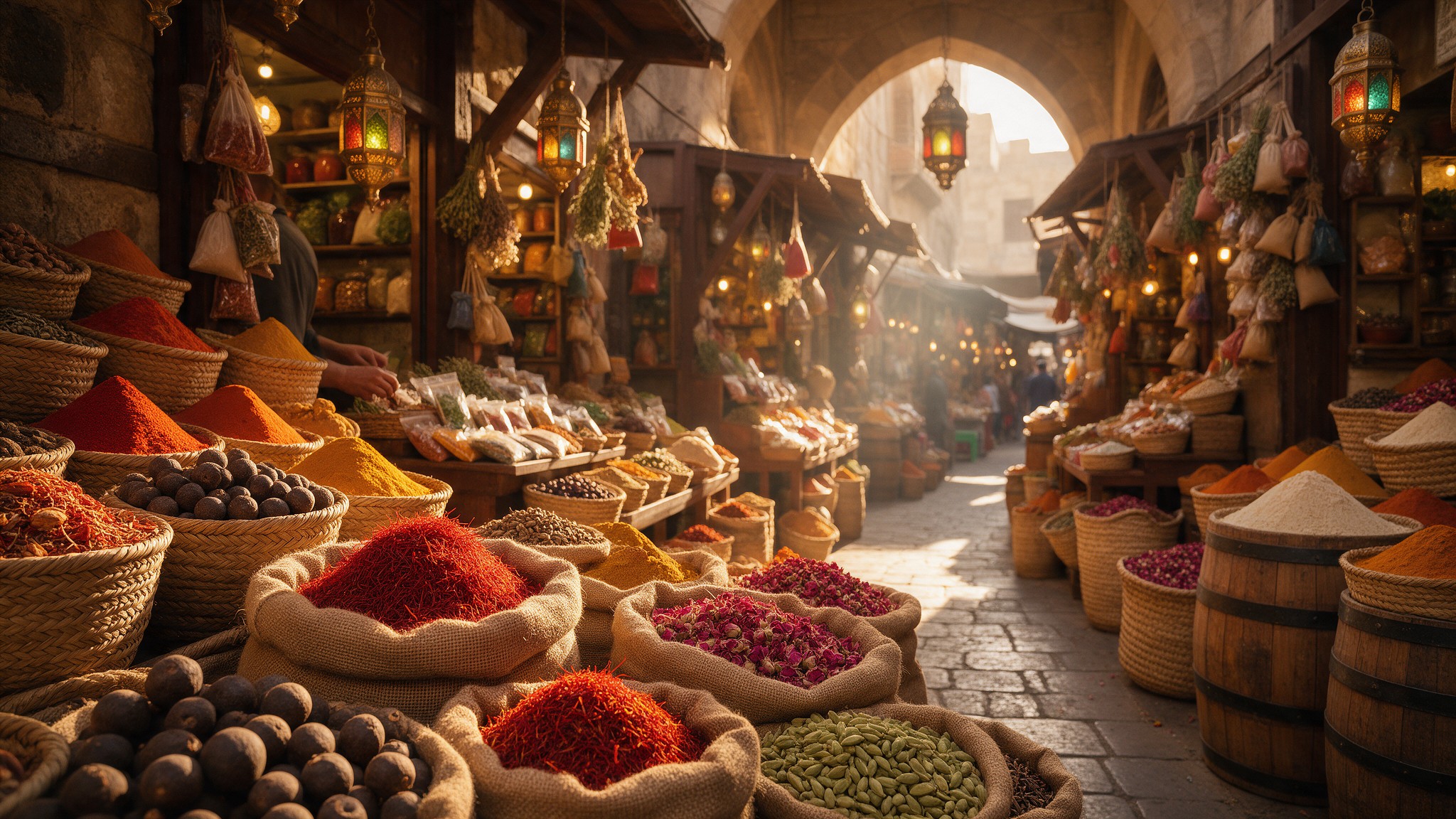 Dried spices, saffron threads, and rose petals displayed in open burlap sacks at Dubai's Spice Souk