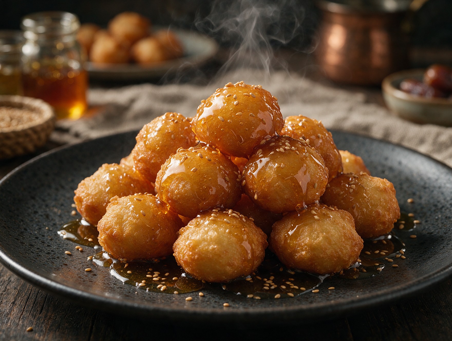 Golden fried luqaimat dumplings drizzled with date syrup and sesame seeds on a dark plate