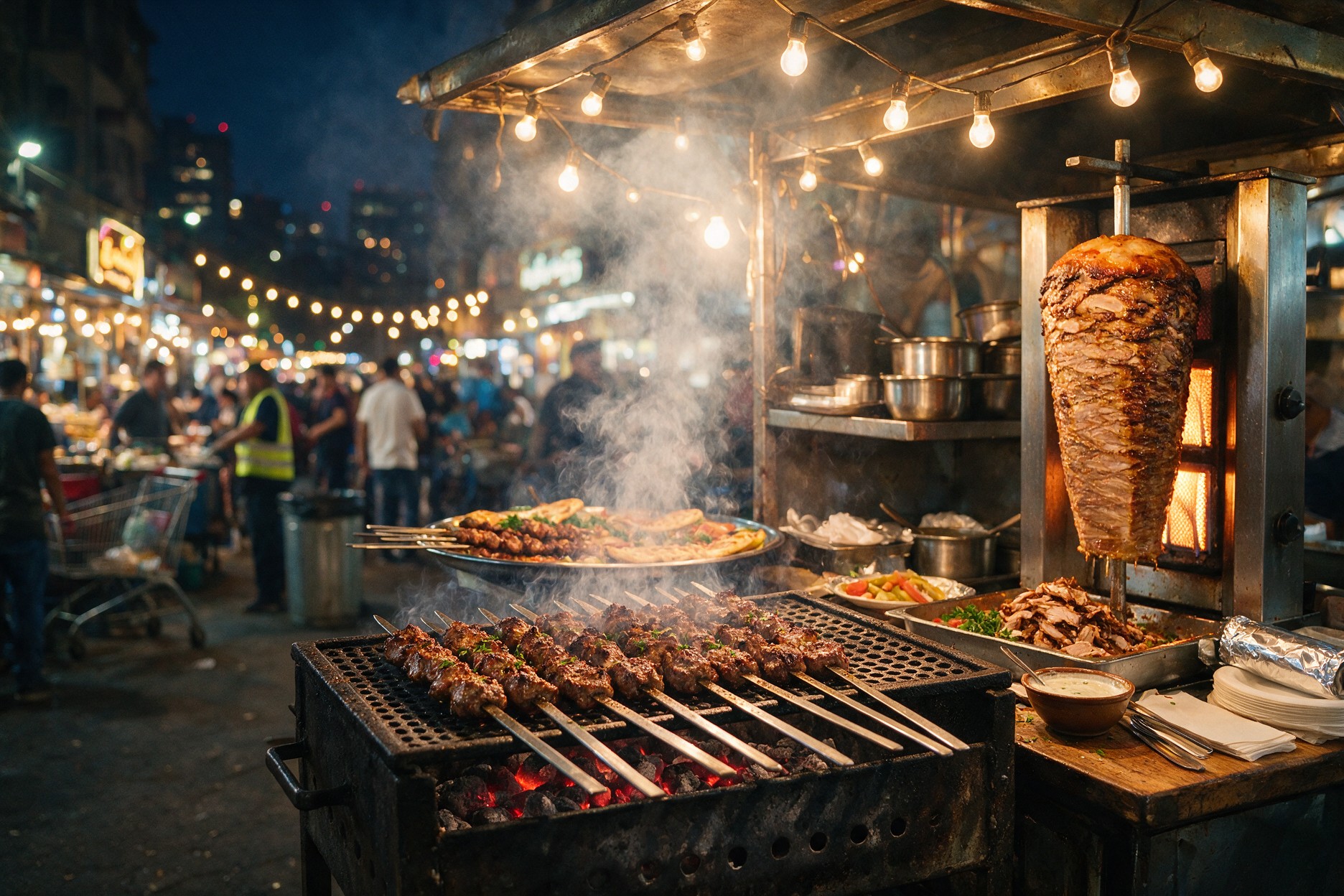 A lively night food stall with grilled skewers and shawarma spits glowing under string lights in Dubai
