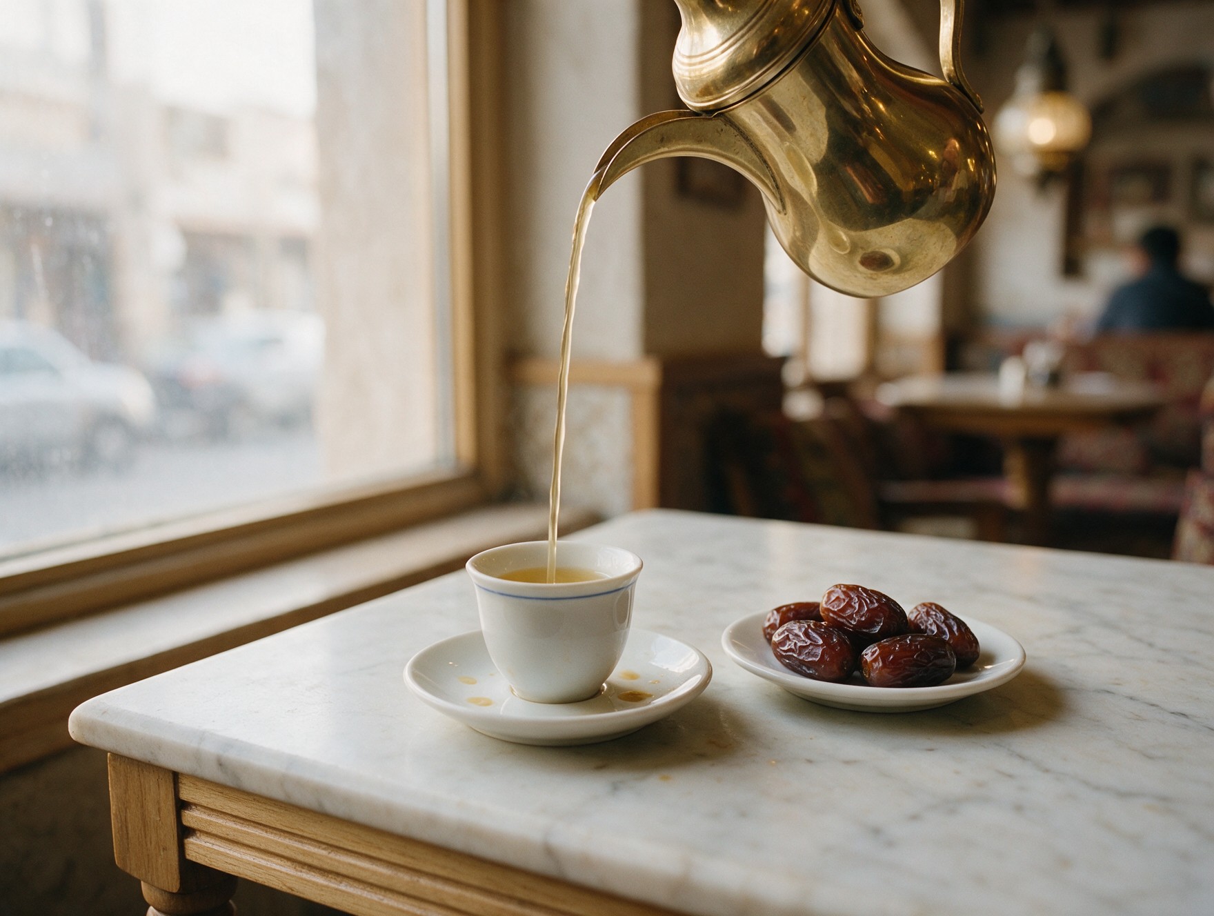 Traditional brass dallah pot pouring Arabic qahwa coffee into a small cup beside a plate of dates