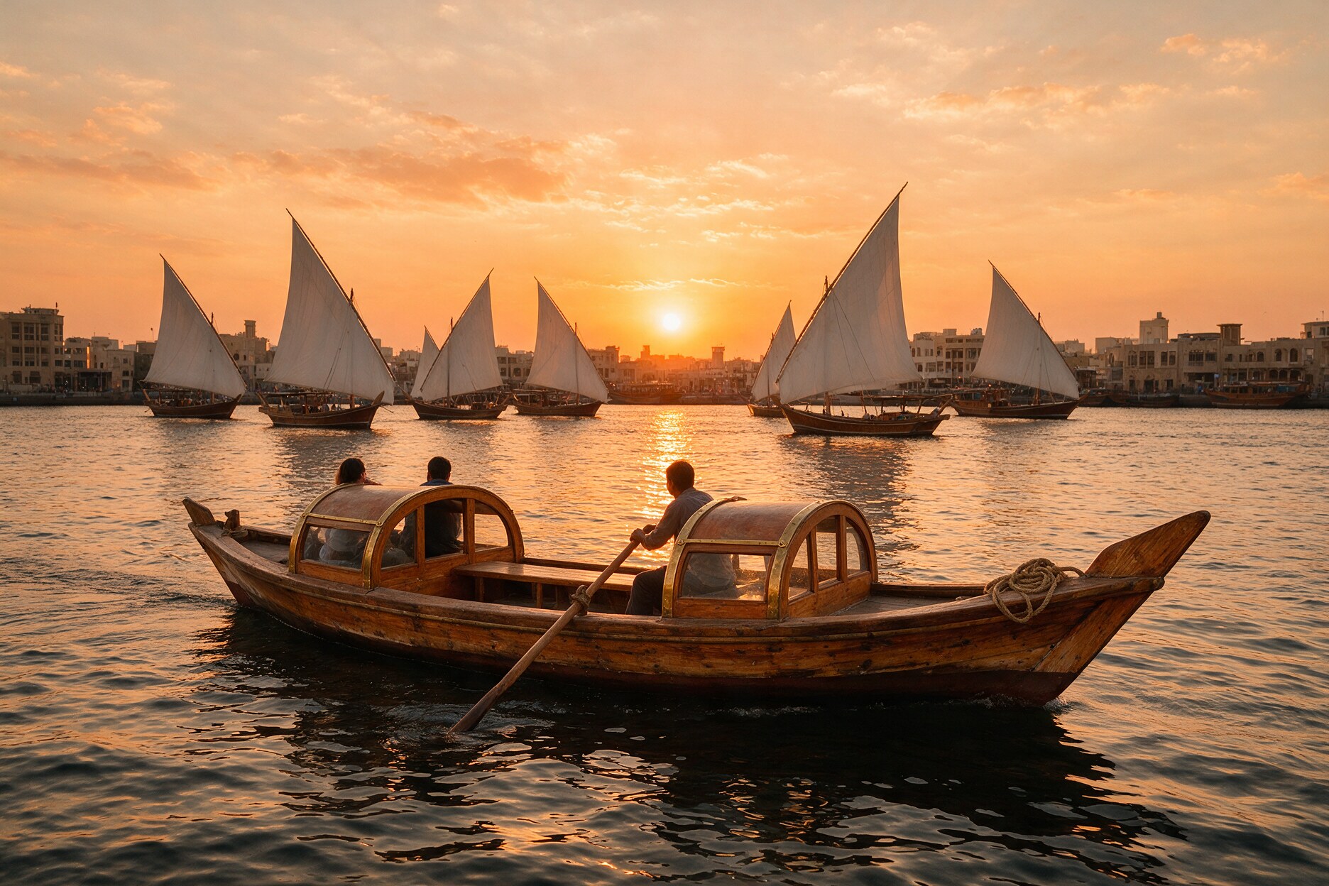 Wooden abra boat crossing Dubai Creek at golden hour with passengers and Deira waterfront in the background