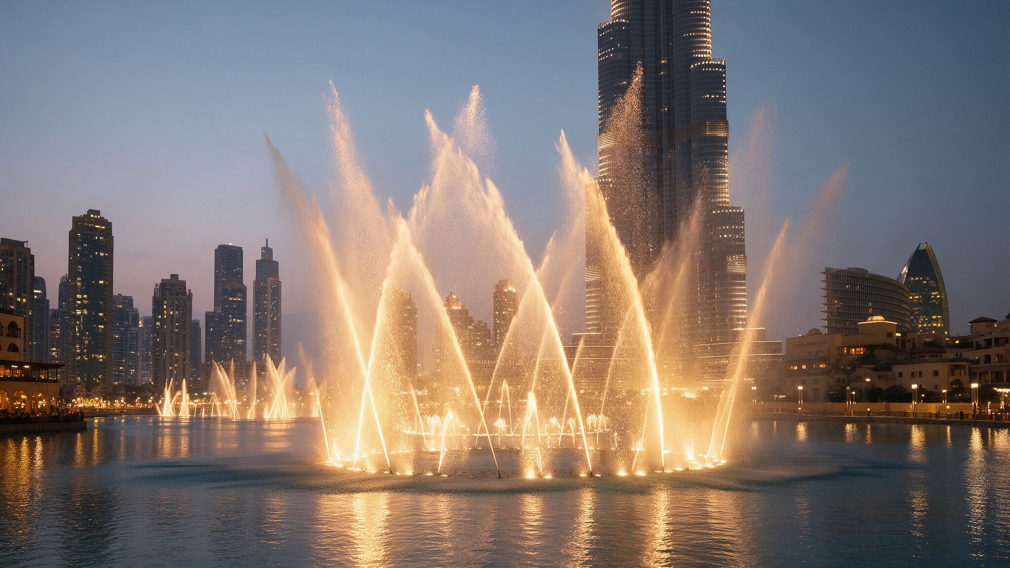 The Dubai Fountain performing at dusk in front of Burj Khalifa with skyline reflected in the lake
