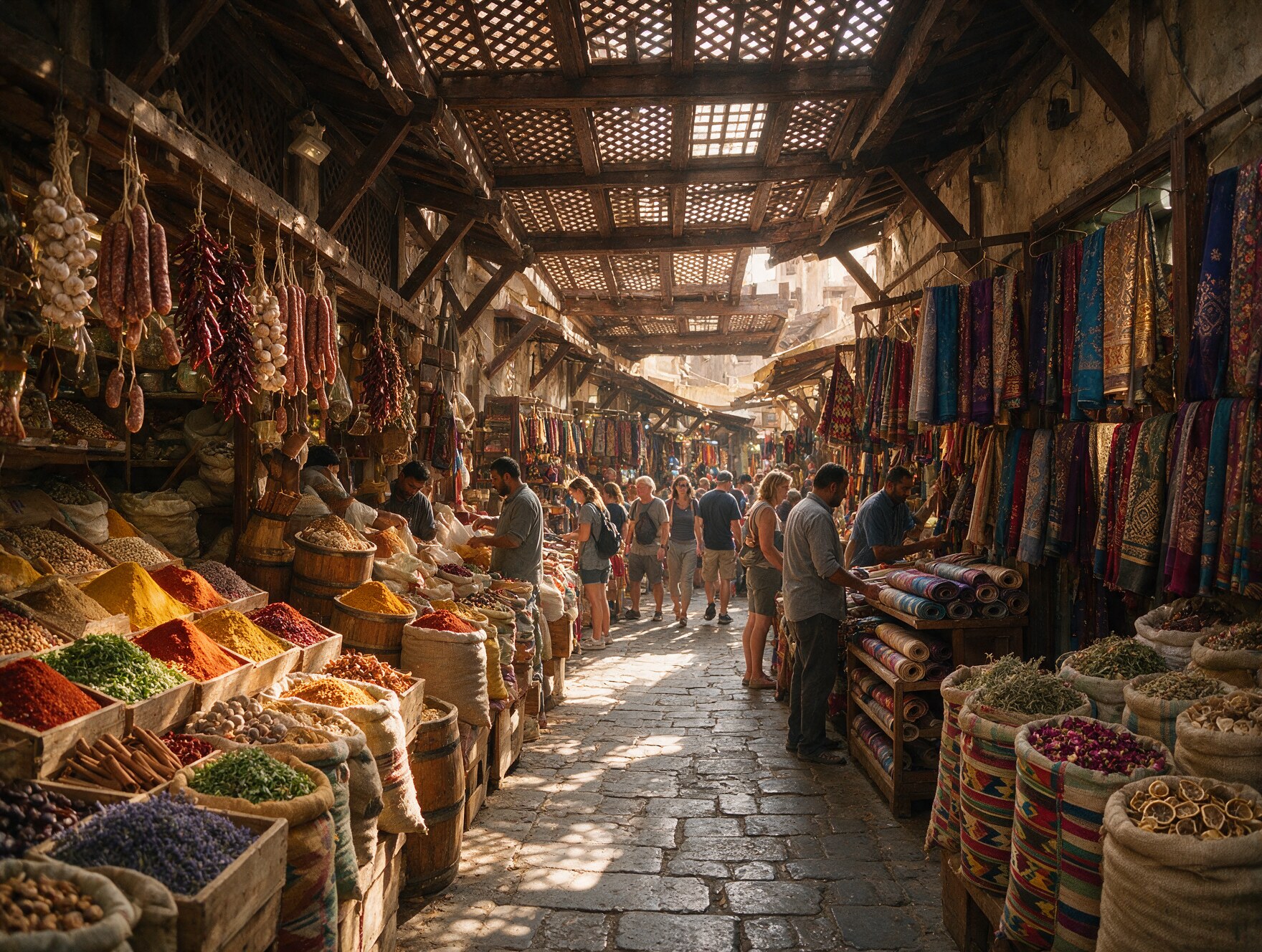 Narrow alley in an old Dubai souk lined with textile and spice shop stalls under a wooden lattice ceiling