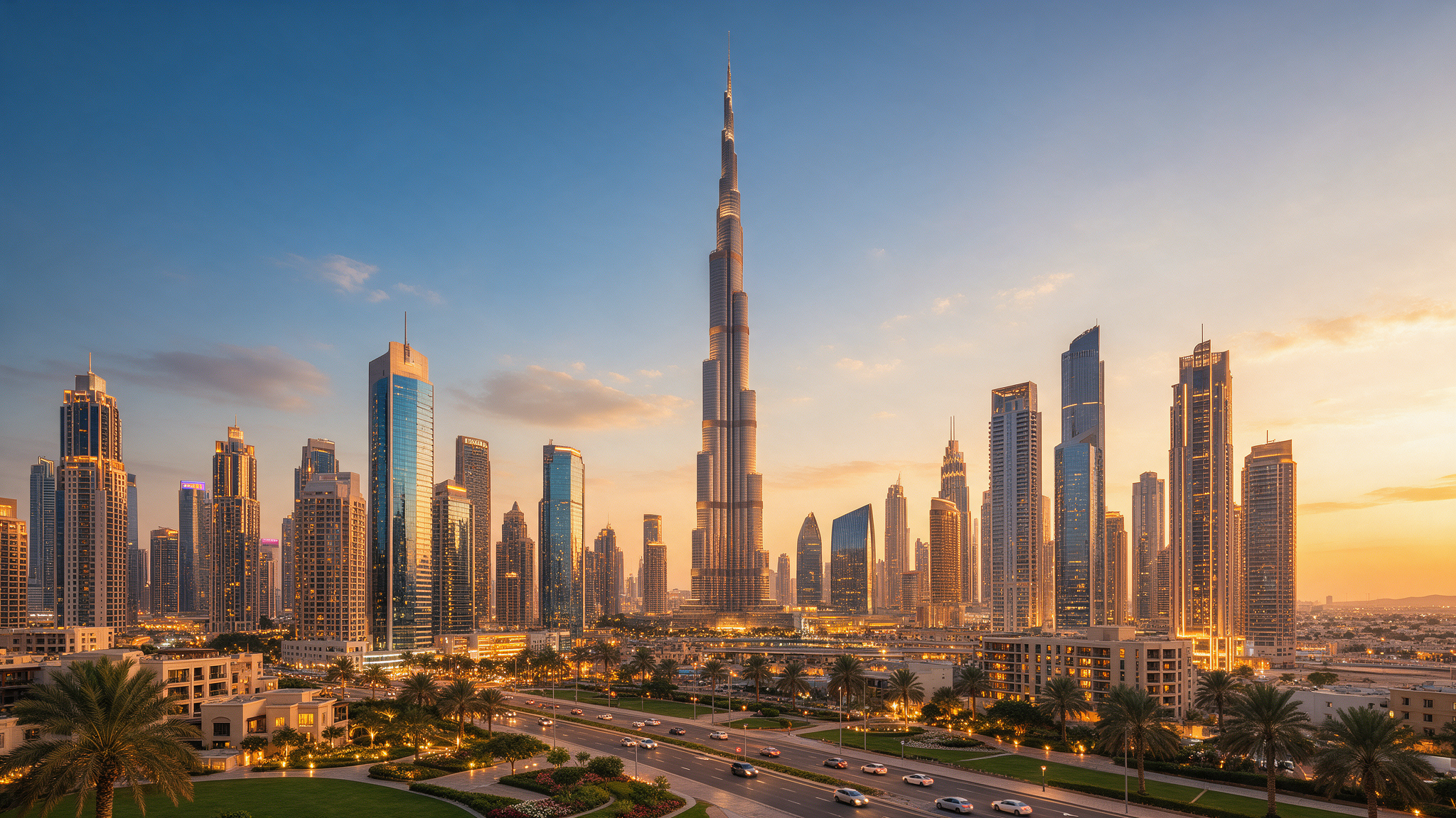Dubai skyline with Burj Khalifa at golden hour