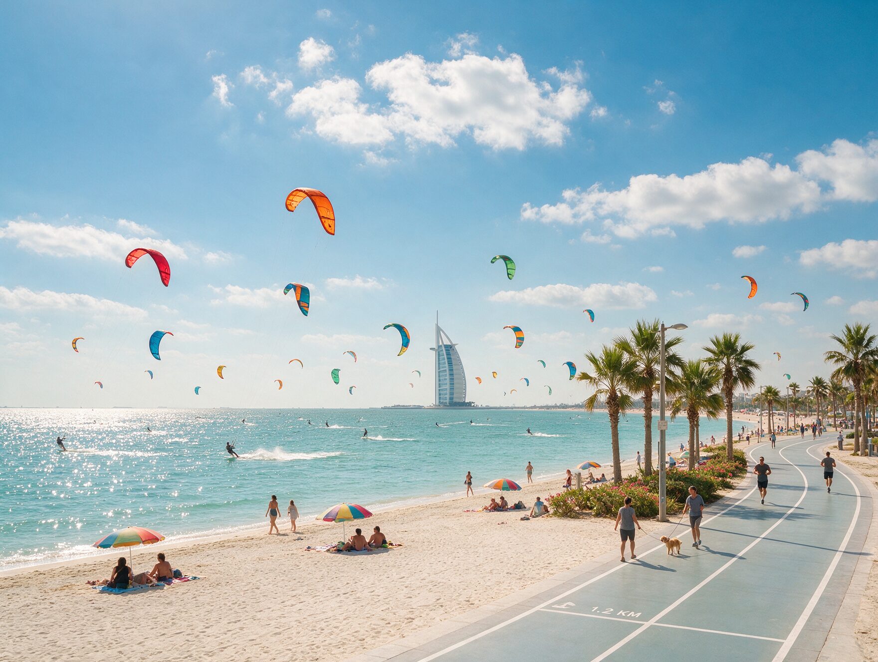 Kite Beach in Jumeirah at sunrise with kitesurfers on the water and the Burj Al Arab silhouetted in the distance