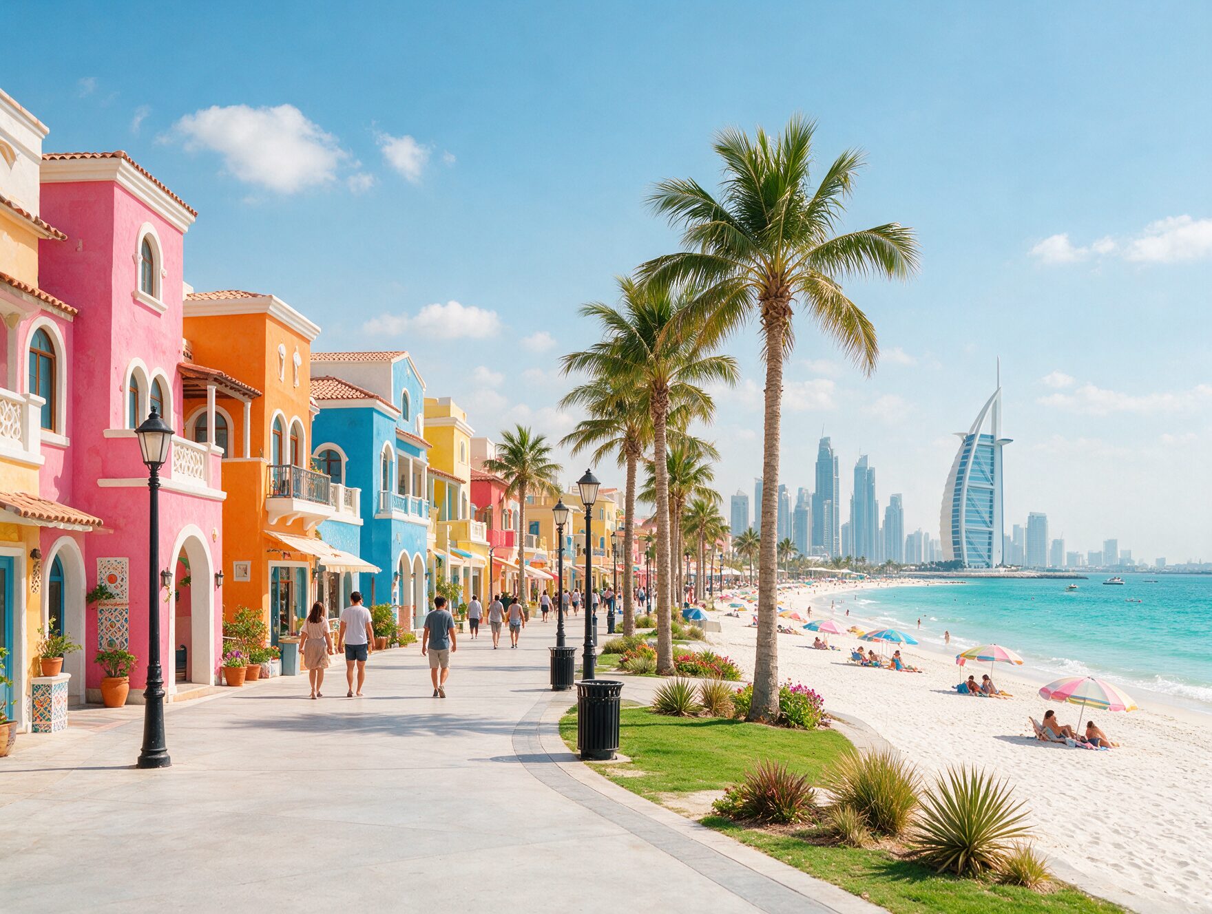 La Mer beach boardwalk in Jumeirah with colourful buildings, palm trees, and people walking along the waterfront