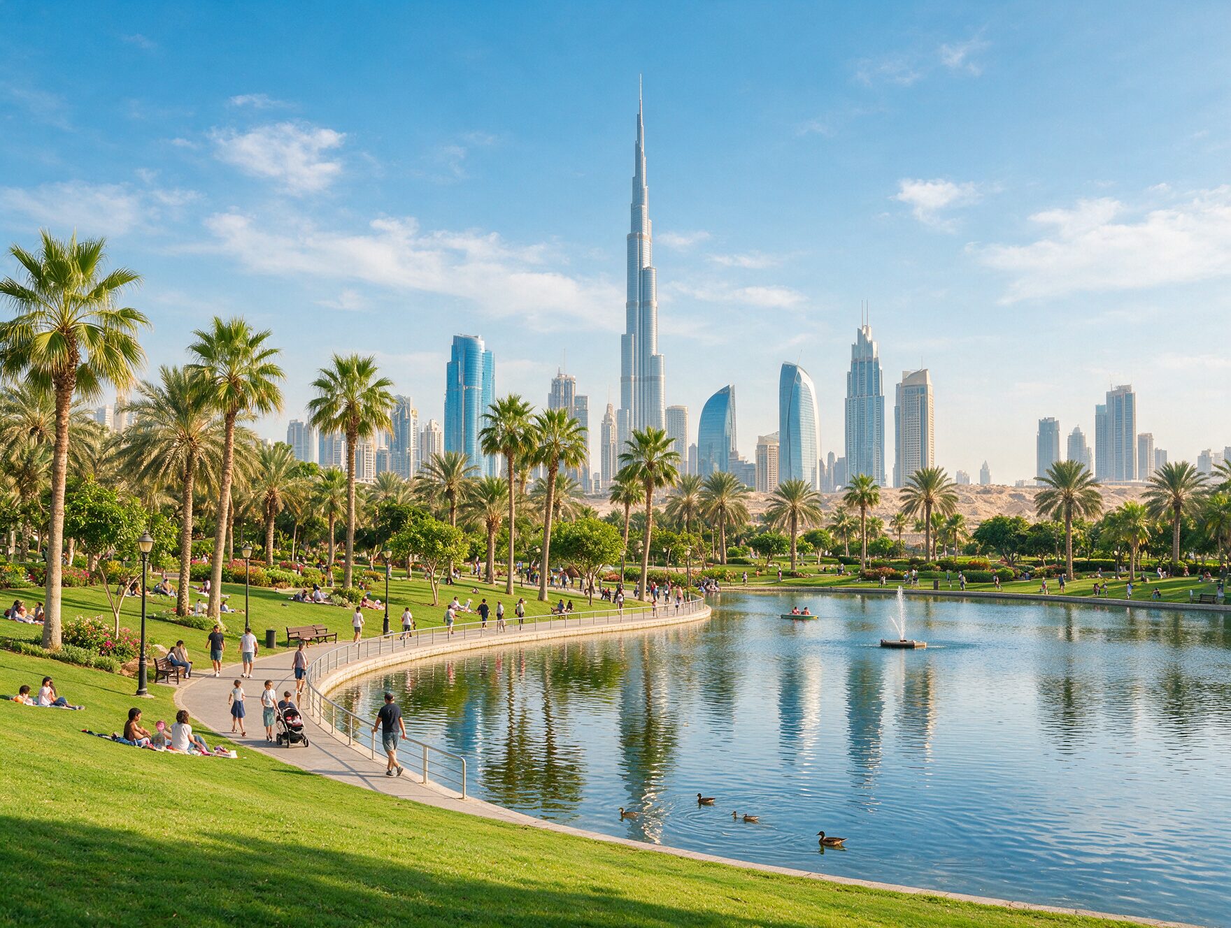Safa Park lake loop in Jumeirah with green lawns, walking paths, and Dubai's Downtown skyline visible in the distance