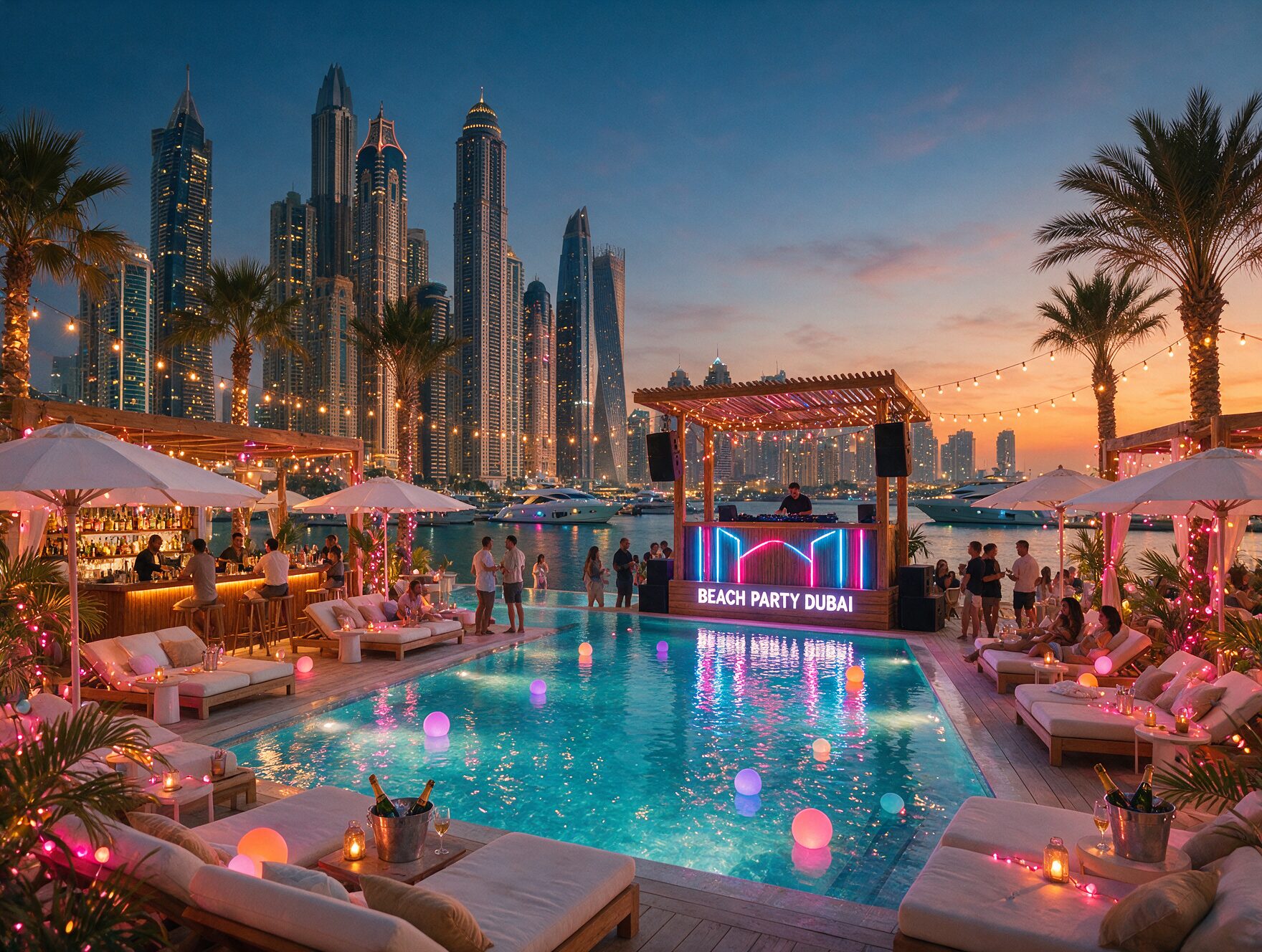 Beach club and pool party scene in Dubai Marina at dusk with DJ booth, loungers, and people socializing by an infinity pool