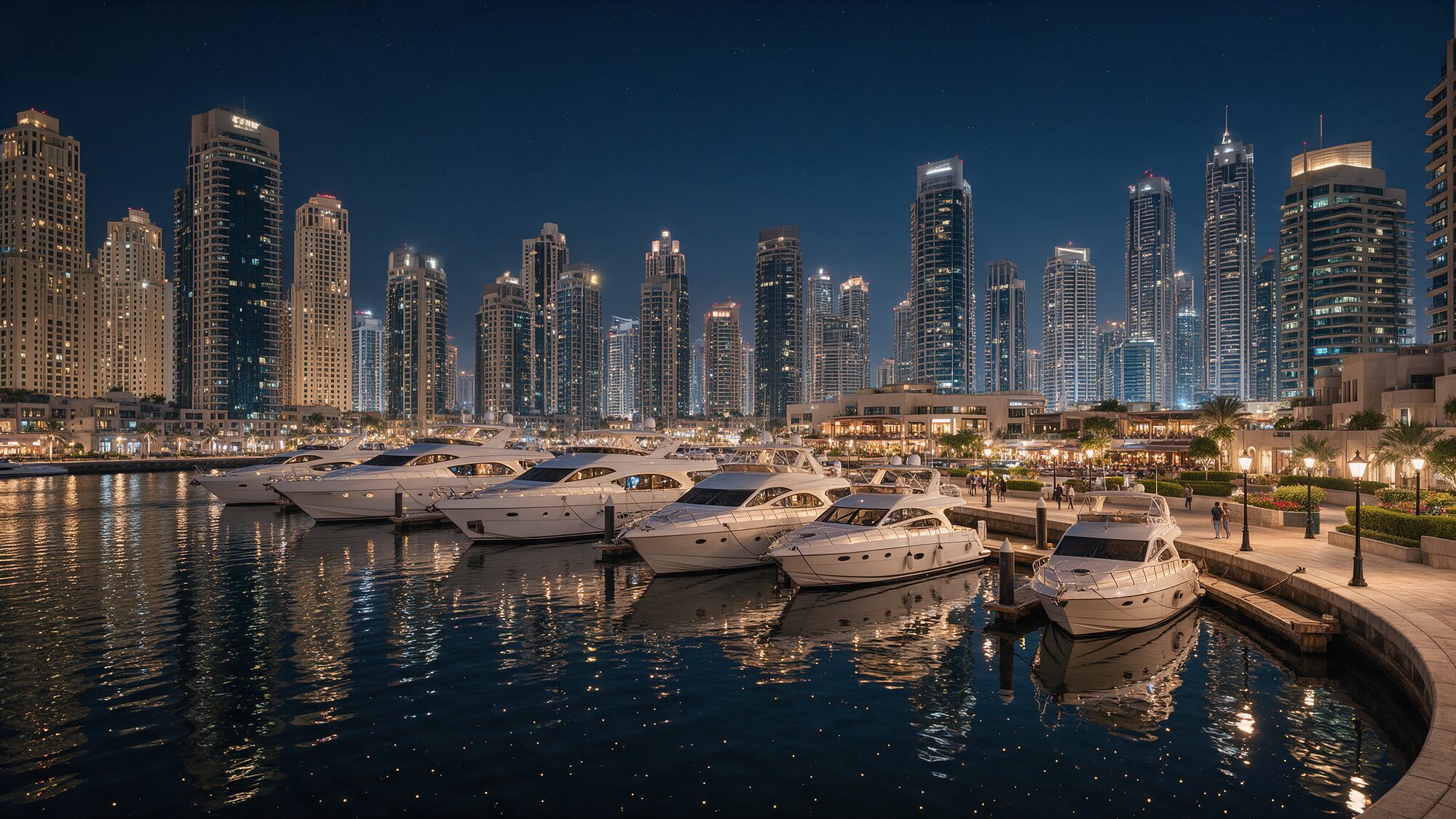 Dubai Marina skyline lit up at night reflected in the water, with yachts moored along the promenade