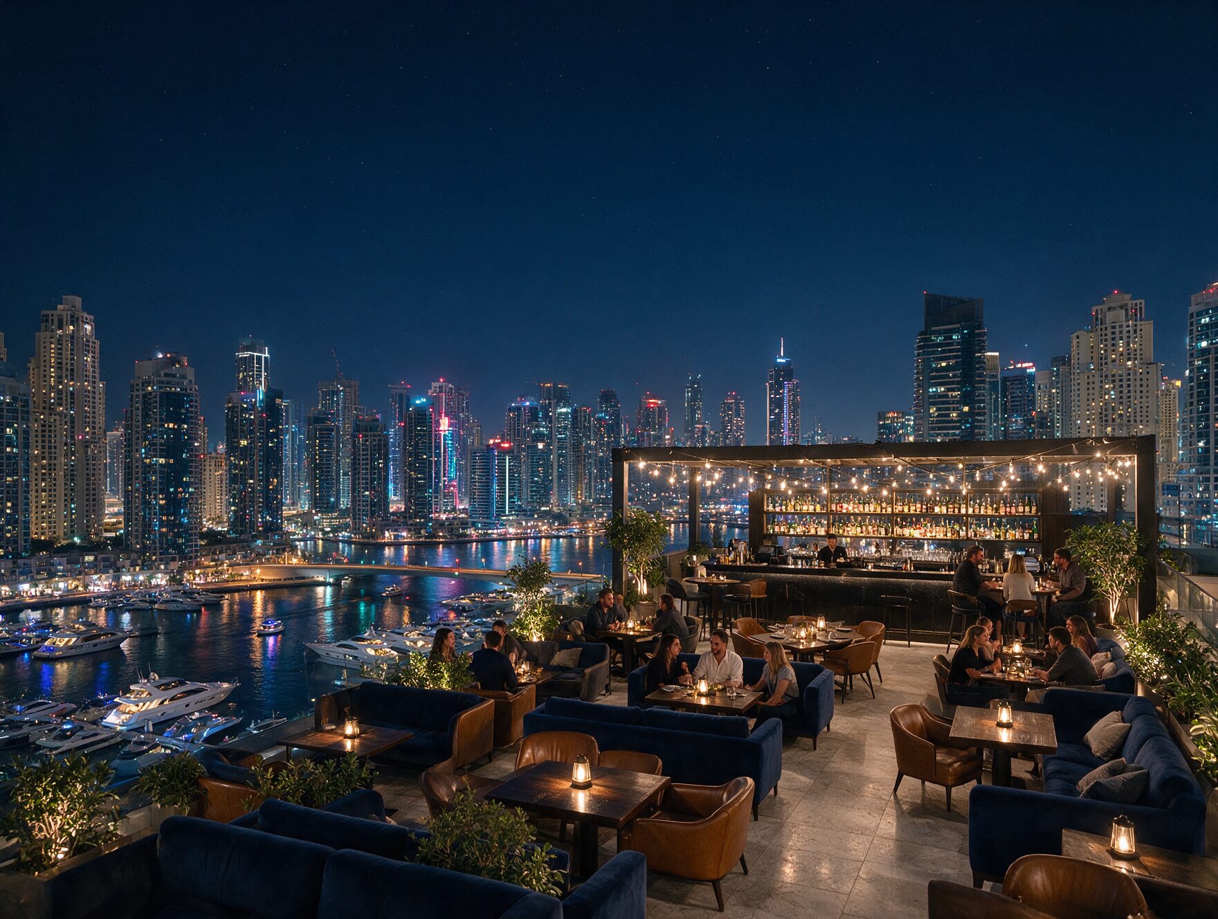 Rooftop lounge bar in Dubai Marina with people socializing and a panoramic view of illuminated towers and yachts below