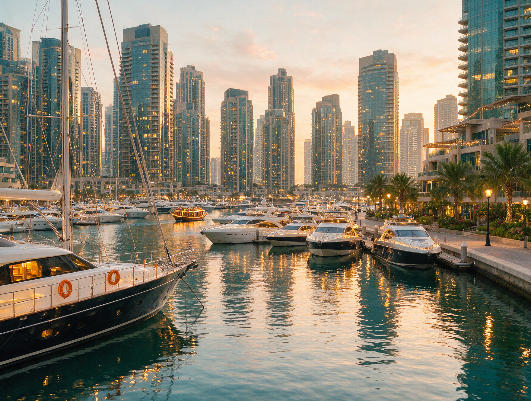 Dubai Marina waterfront skyline reflected in the water at sunset
