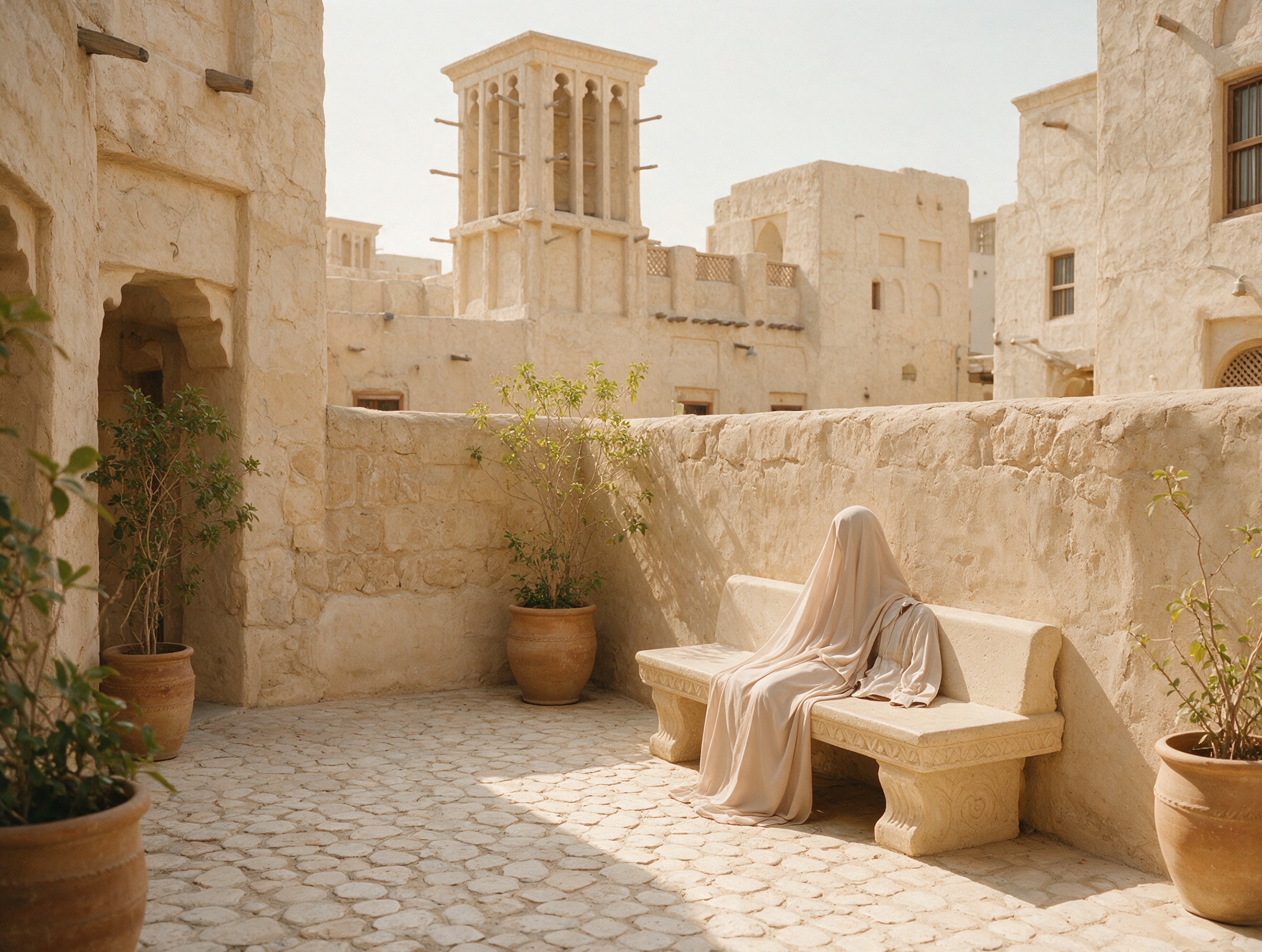 Modest travel outfit and light abaya wrap laid out in a sandstone courtyard near a traditional Dubai mosque