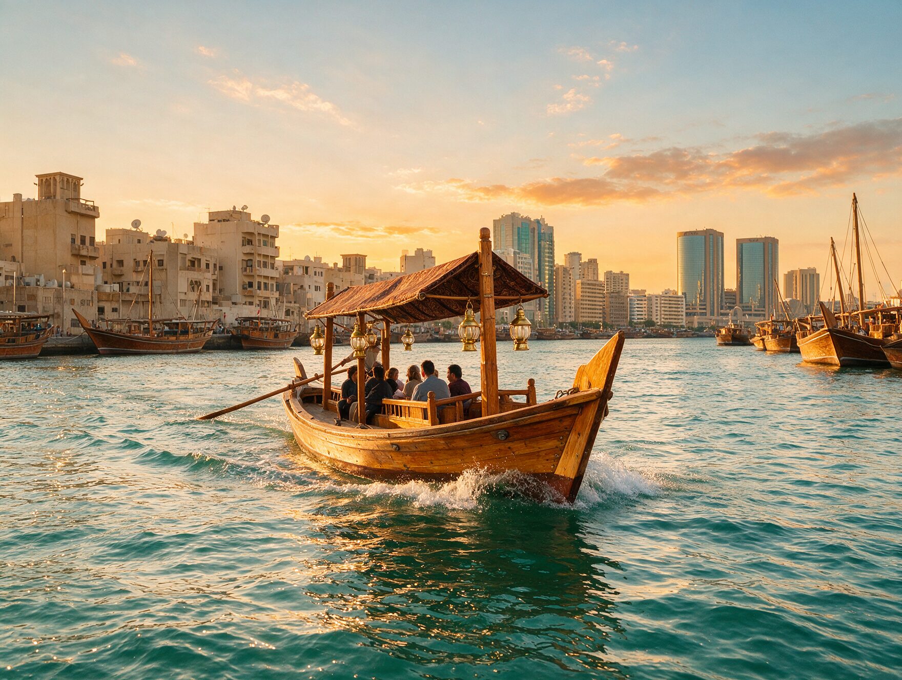 Traditional wooden abra boat crossing Dubai Creek with Deira's skyline and dhows visible in the background