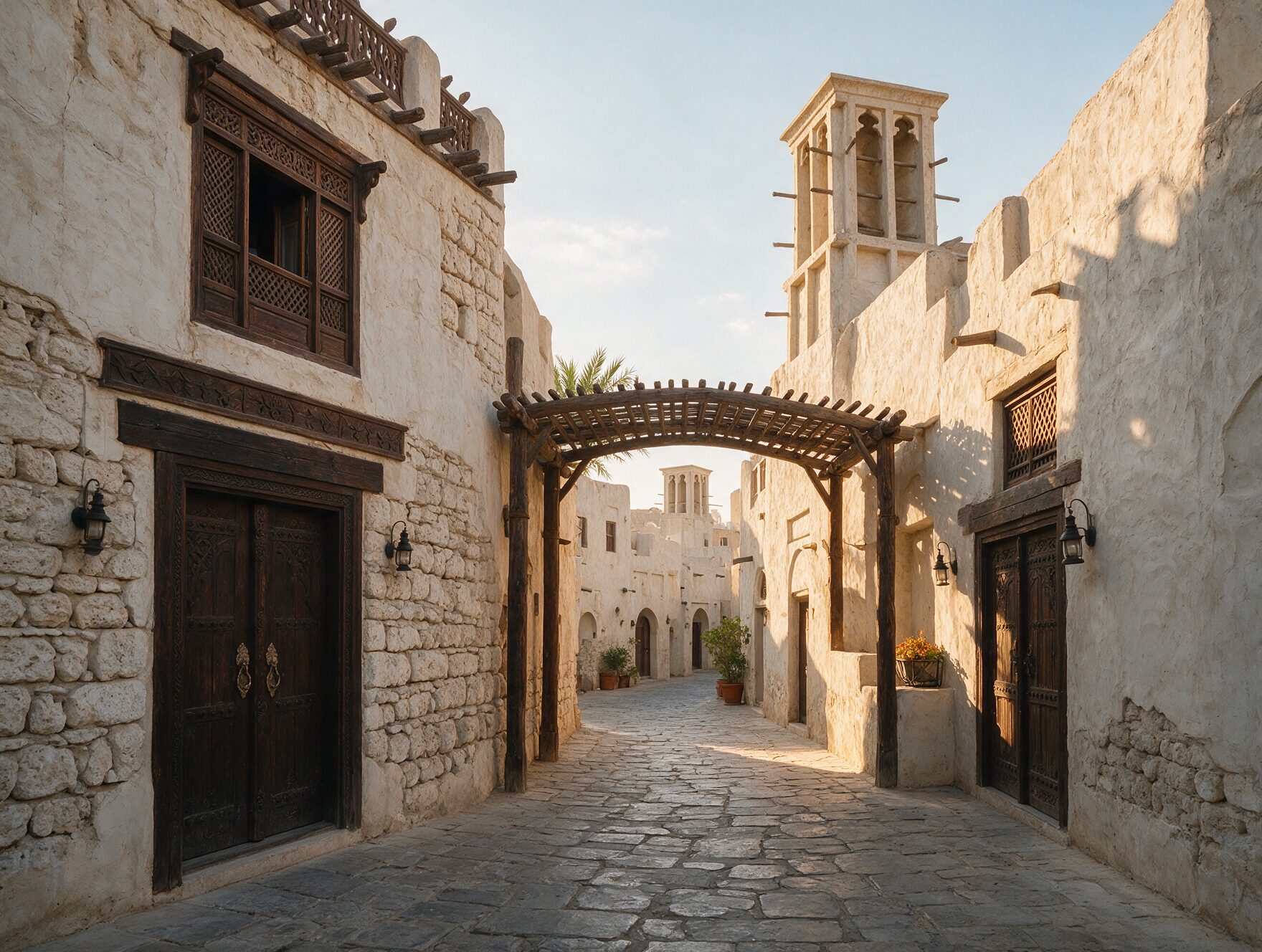 Narrow lane in Al Fahidi Historical Neighbourhood with traditional coral-and-gypsum buildings and wind towers against a blue sky