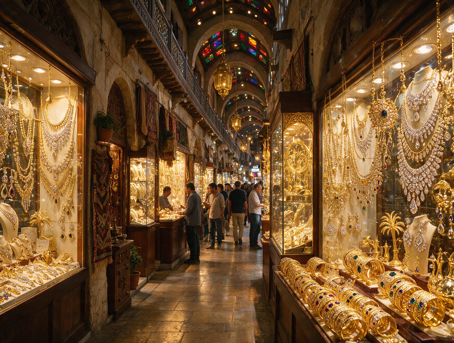 Gold Souk in Deira, Dubai with glittering gold jewelry displayed in shop windows along a covered market lane