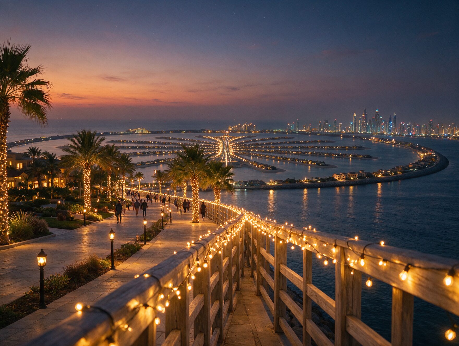The Palm Boardwalk at dusk with string lights and people walking, palm-frond island shape visible in the background