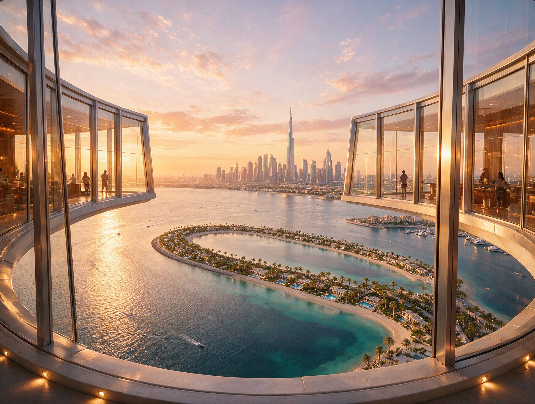 View at The Palm observation deck at sunset showing the crescent shape of Palm Jumeirah island and the Dubai skyline