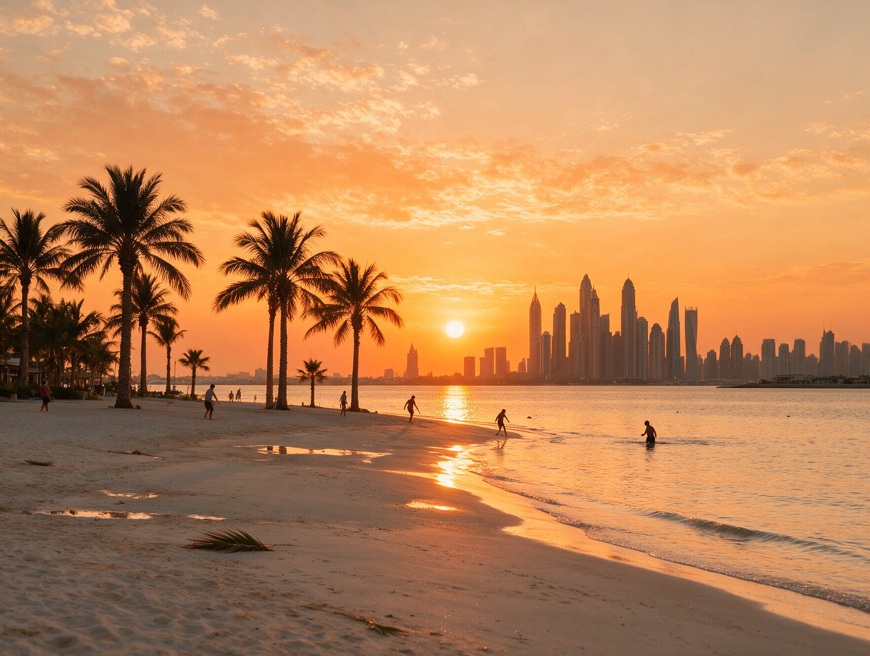 Sunset over Palm West Beach on Palm Jumeirah with silhouettes of palm trees and the Dubai Marina skyline in the distance