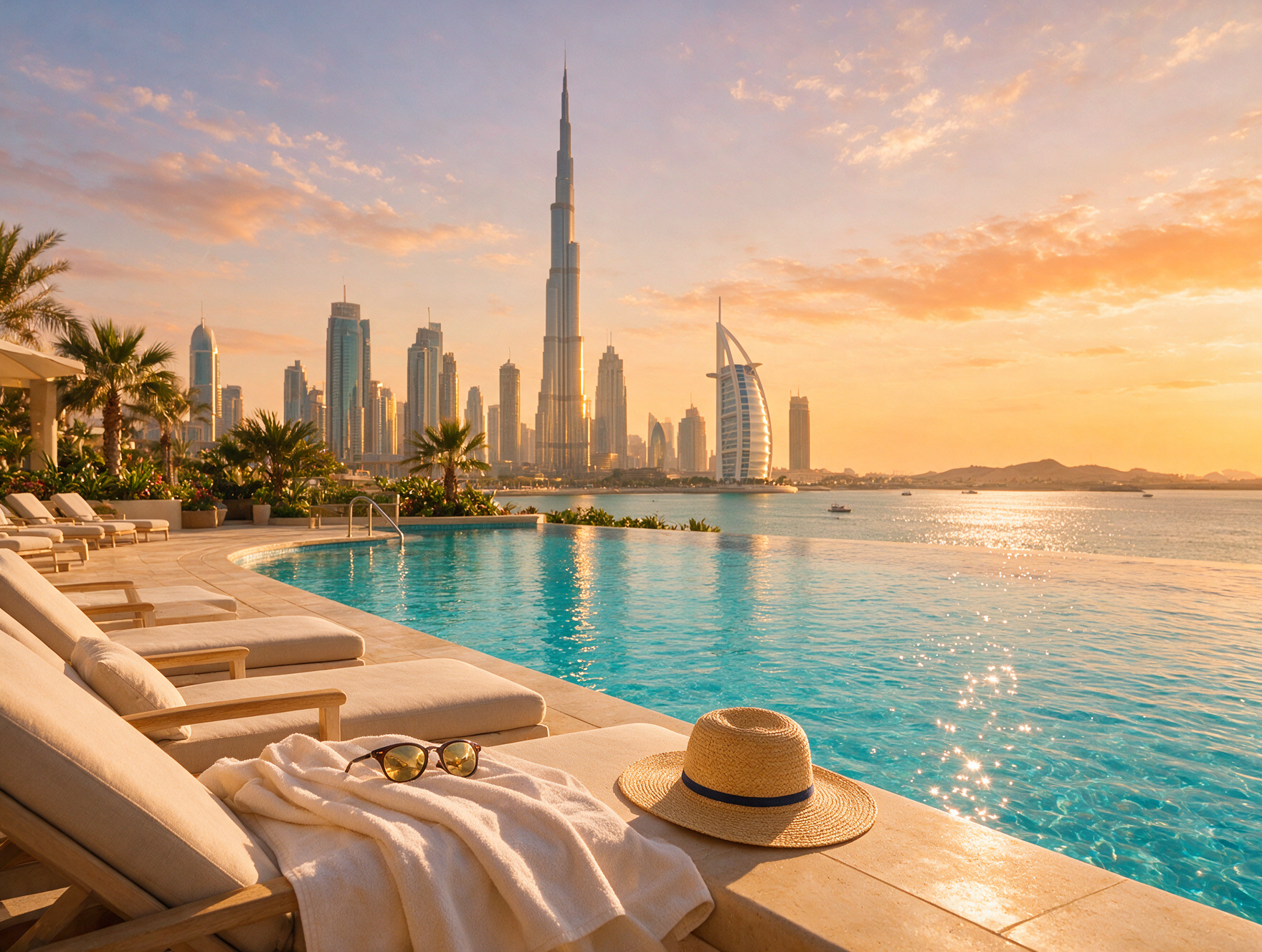 Resort infinity pool overlooking the Dubai skyline with sun hat and sunglasses resting poolside, packed for a Dubai beach holiday