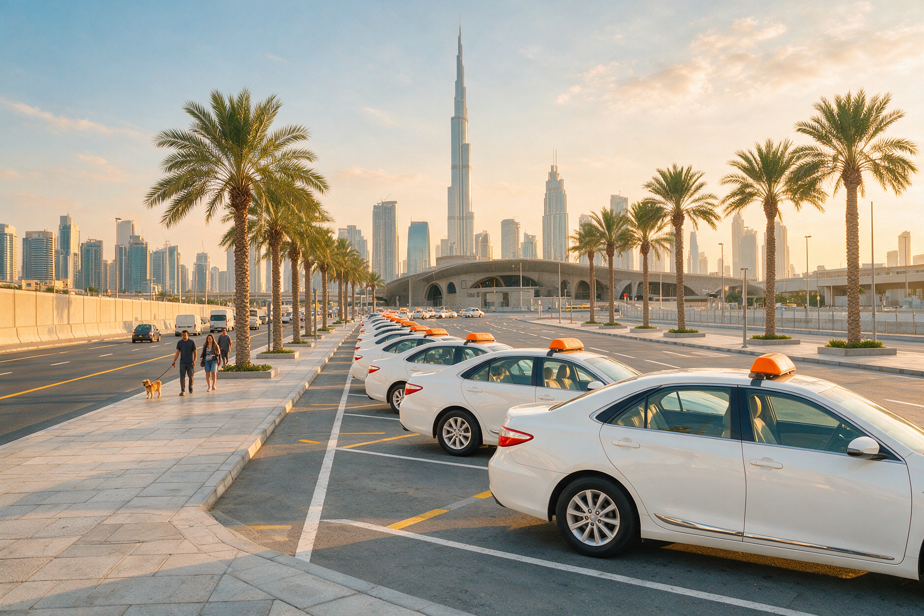 Row of white RTA taxis waiting at a taxi rank with the Dubai skyline in the background