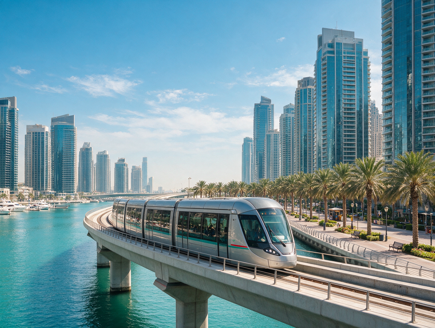 Dubai Tram passing along an elevated track beside Dubai Marina's glass skyscrapers