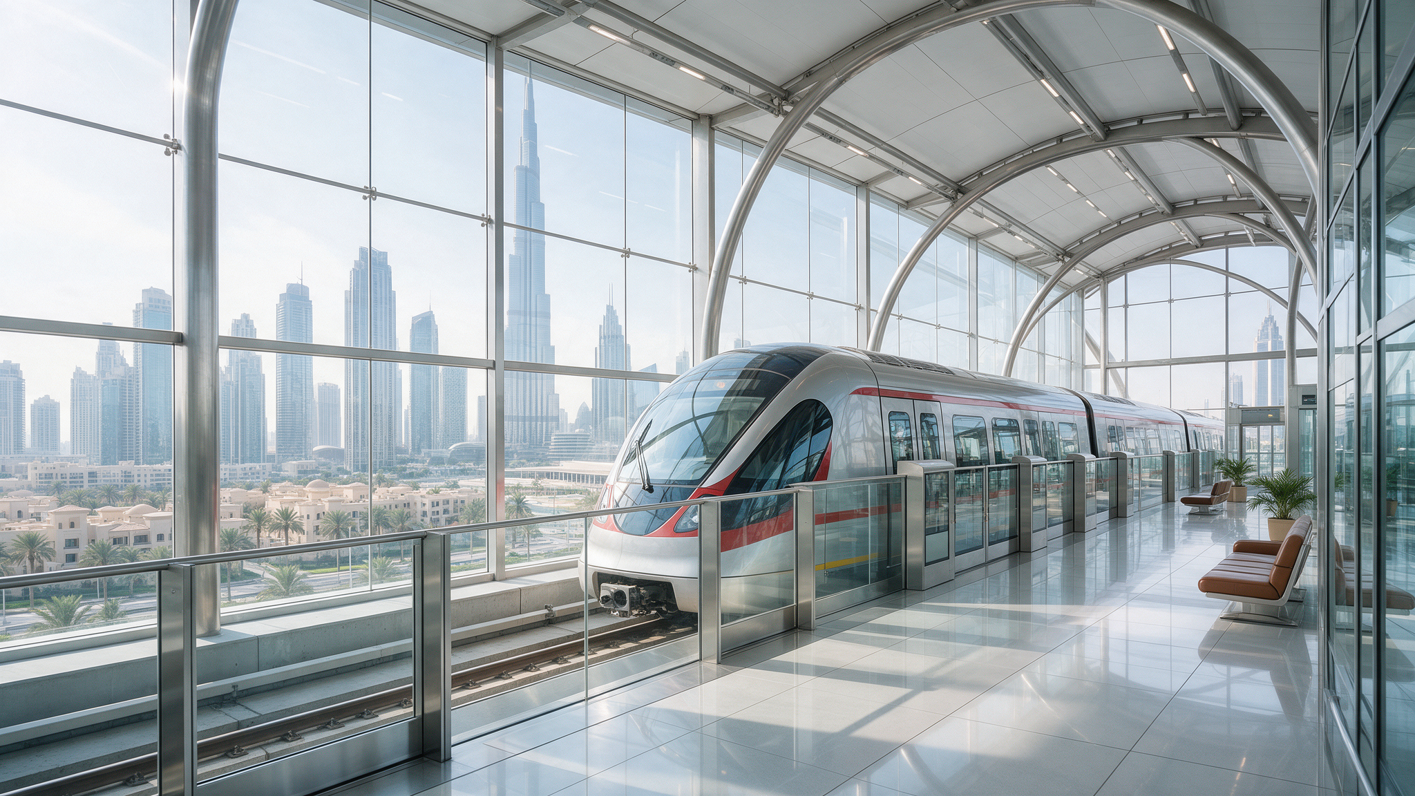 Modern Dubai Metro train arriving at an elevated station platform with the Dubai skyline visible through glass windows