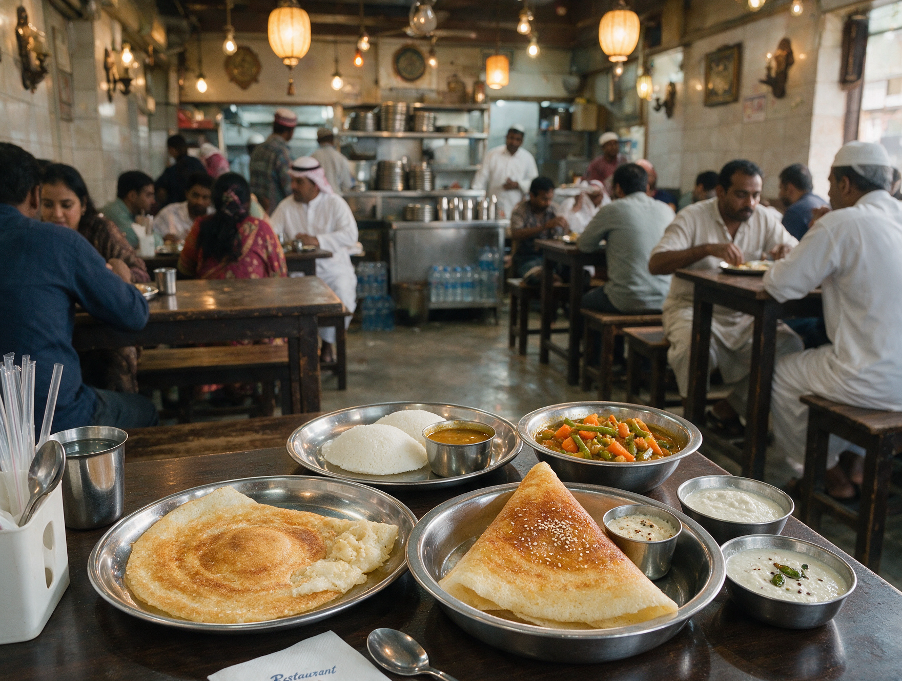 A casual South Indian vegetarian restaurant interior with families dining, in the style of Deira's old trading quarter