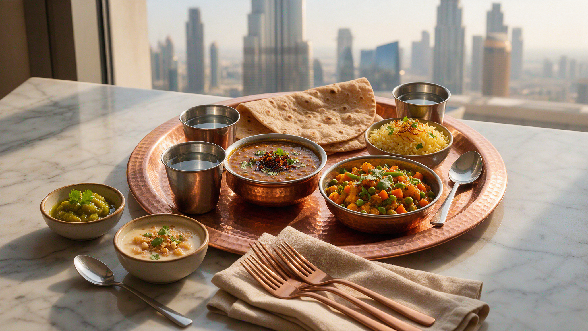 A colourful Indian vegetarian thali spread on a table with the Dubai skyline visible through a window