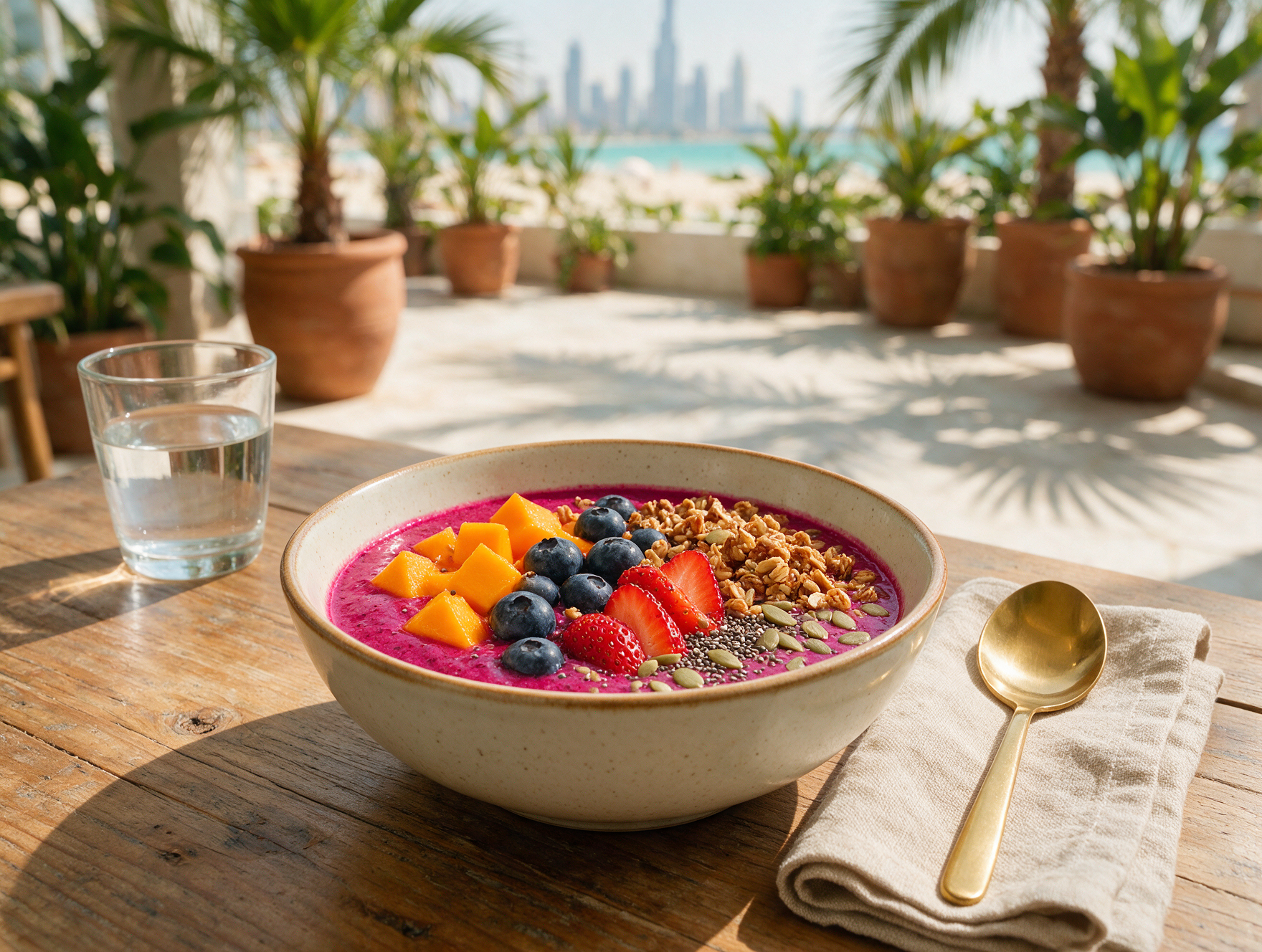 A fresh vegan smoothie bowl topped with fruit and seeds on a café table near a Dubai beach setting