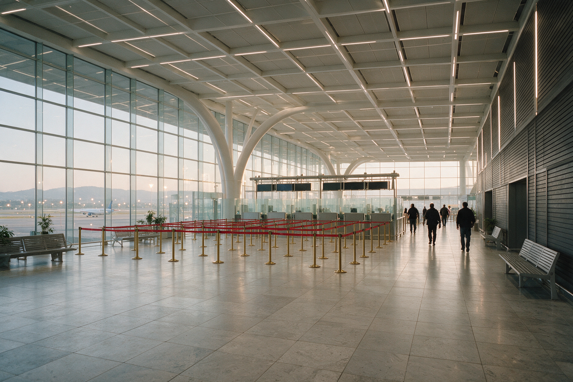 Traveler walking through Dubai International Airport arrivals hall toward immigration counters