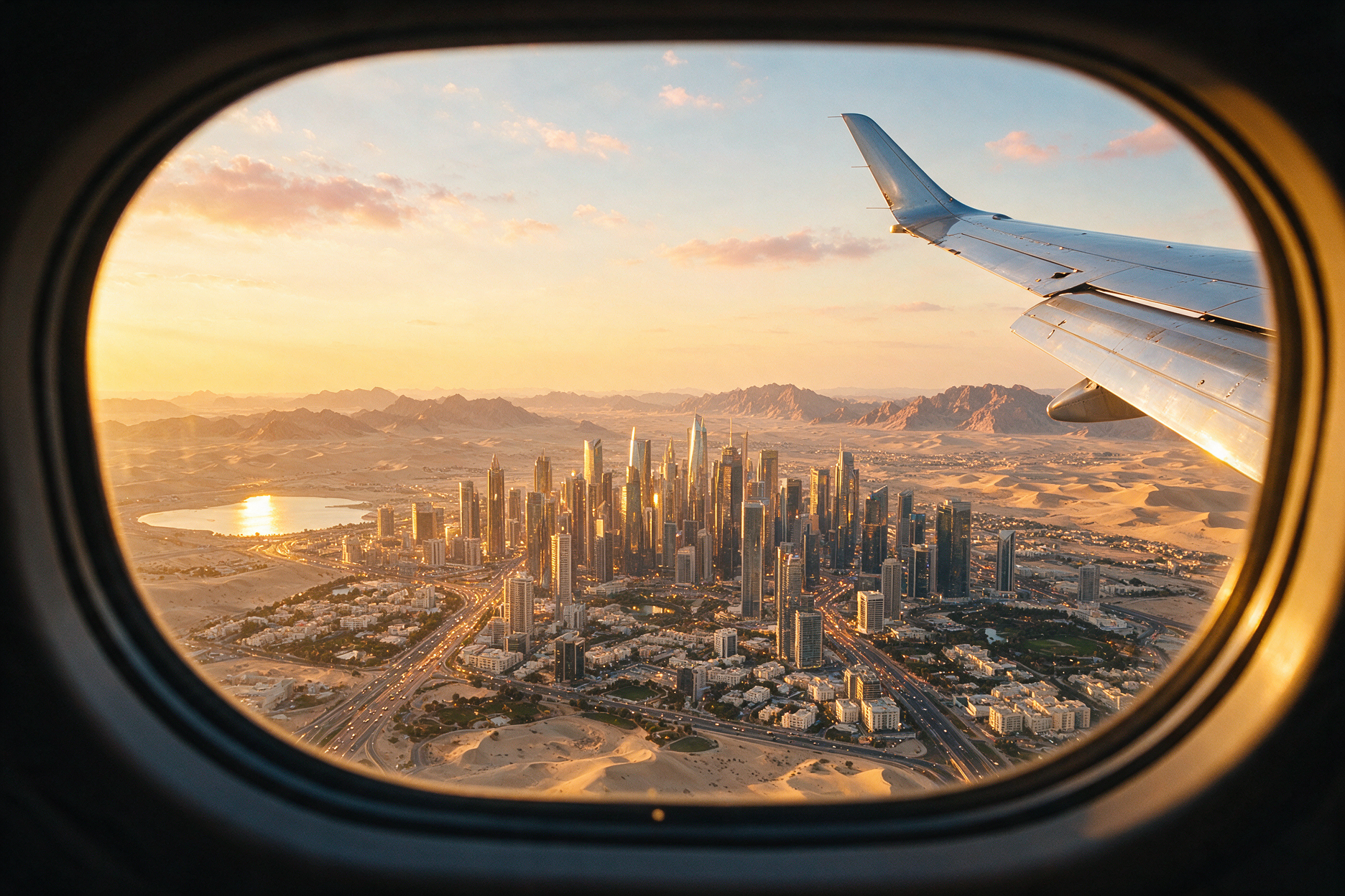Dubai skyline view from an arriving flight window at golden hour with the city's towers visible below
