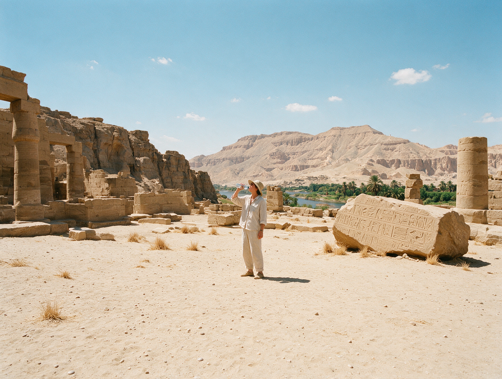 Traveler in light cotton clothing and wide brimmed hat drinking water in desert heat near Egyptian temple
