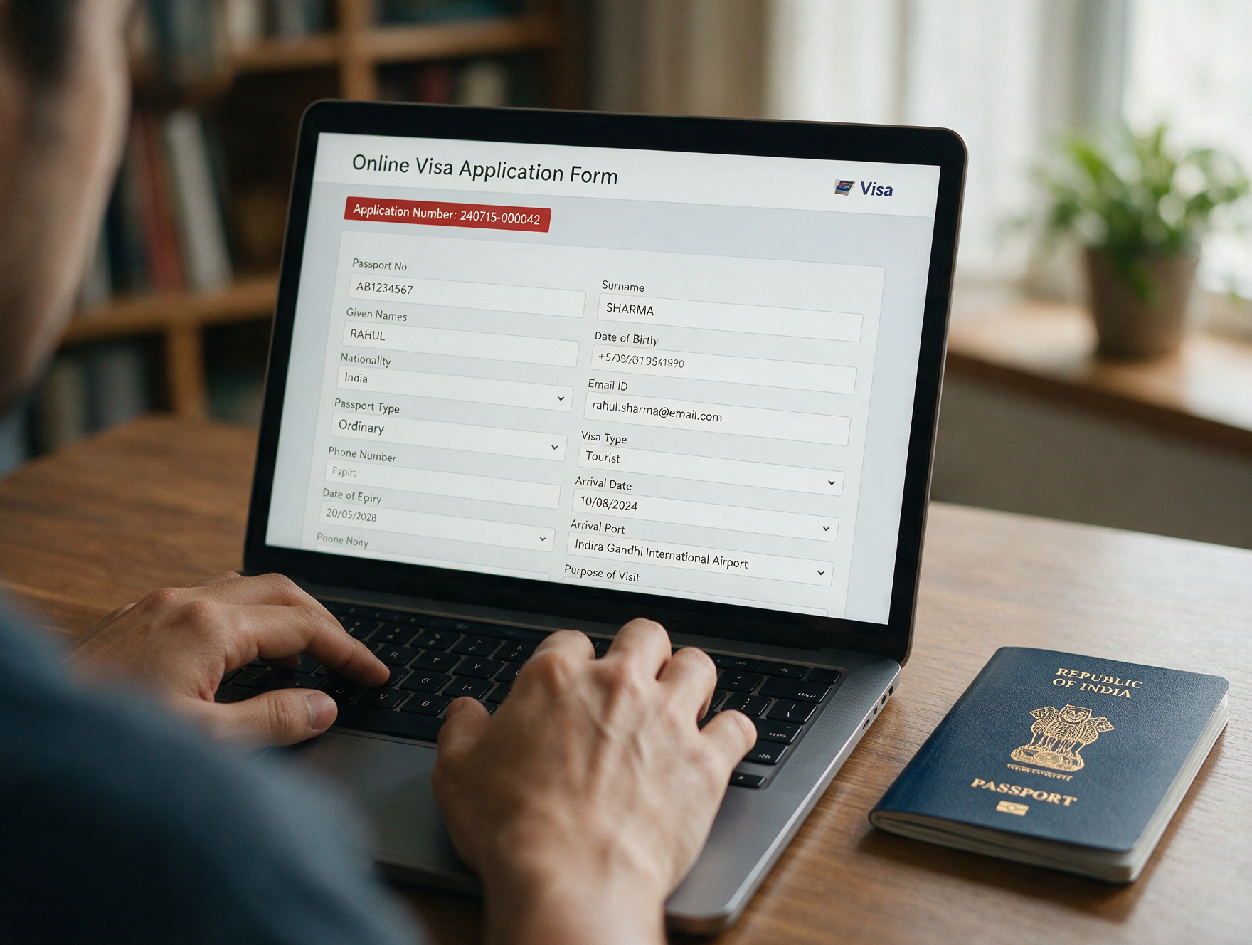 Traveler filling out Egypt e-visa application on laptop with passport nearby