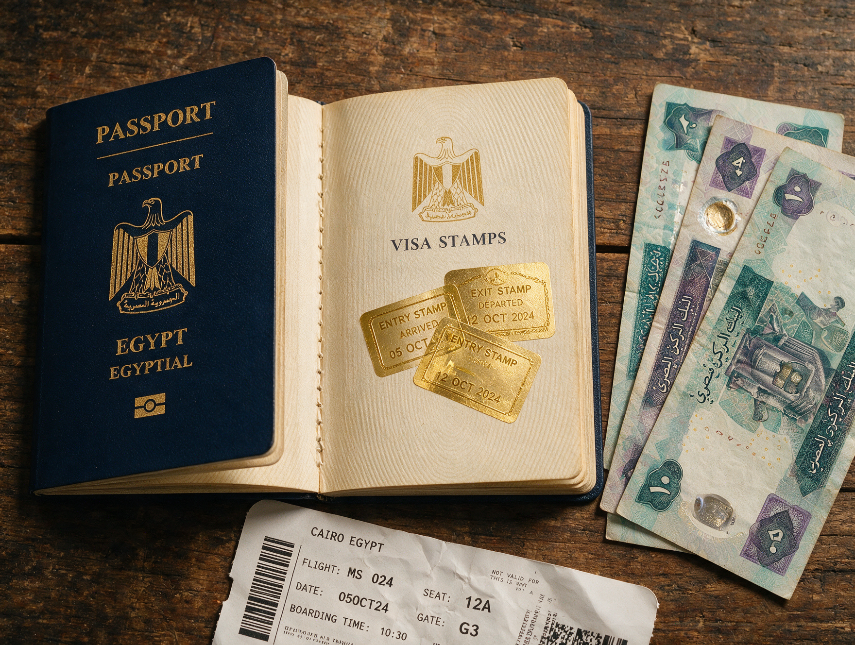 Passport with Egypt visa stamp and Egyptian pound currency notes flatlay