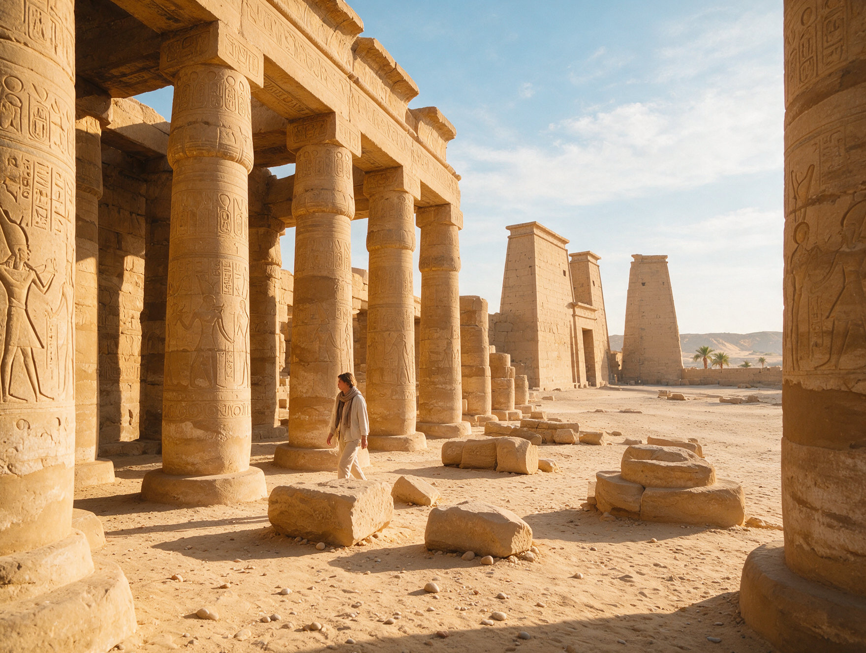 Traveler wearing light layers and scarf walking near ancient Egyptian temple in winter