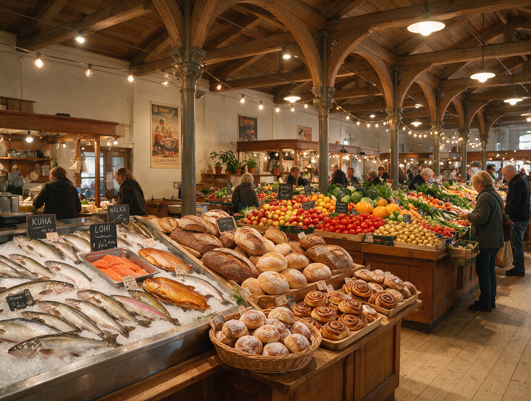 Bustling indoor Finnish market hall with stalls of fresh fish, bread, and produce