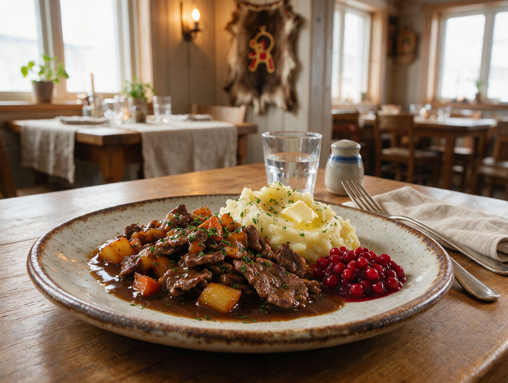 Reindeer saute dish served with mashed potato and lingonberries on a rustic plate