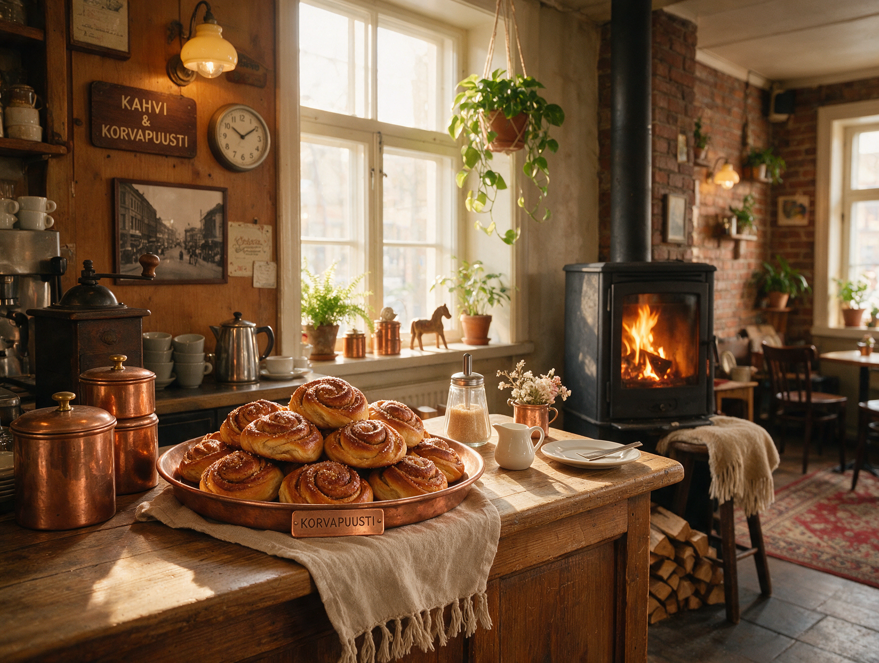 Cardamom cinnamon buns displayed on a counter in a cozy Helsinki cafe