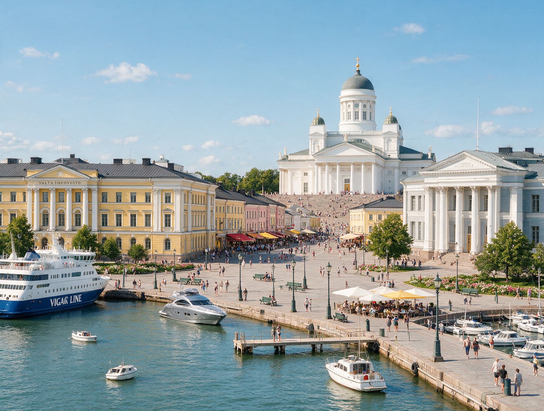Helsinki harbor and Senate Square with the white Helsinki Cathedral in the background