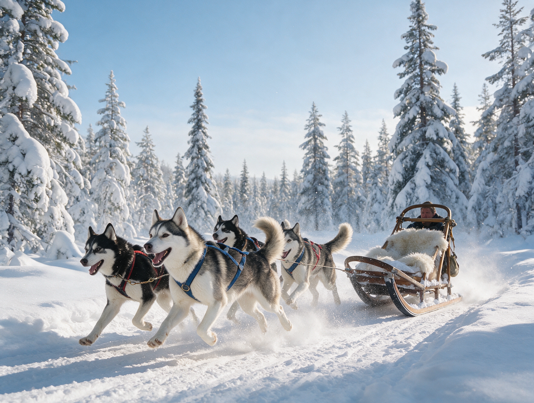 Husky sledding team running across a snowy forest trail in Finnish Lapland