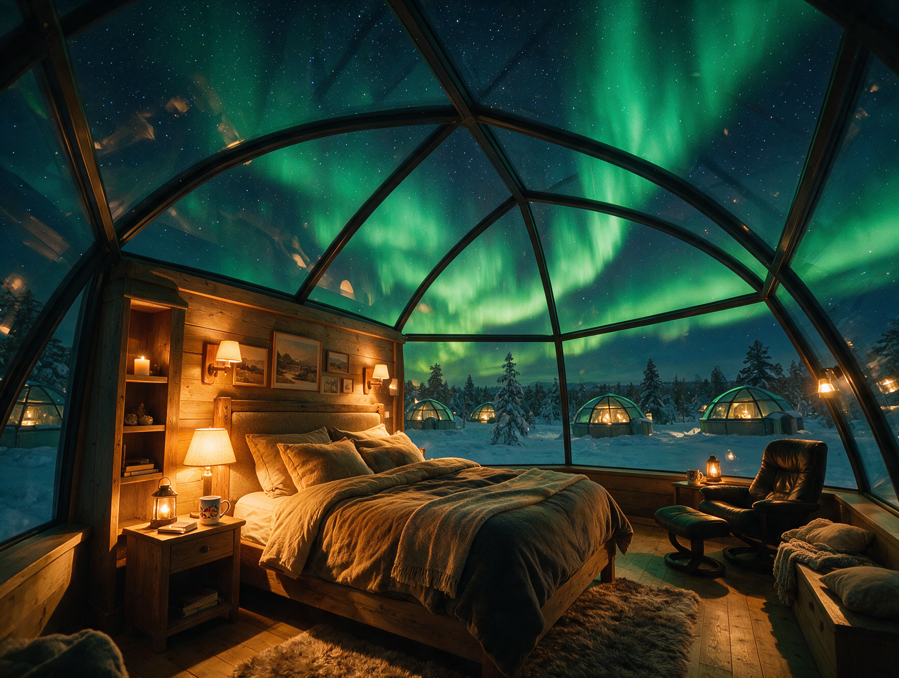 Interior of a glass igloo hotel room in Lapland at night with aurora borealis visible through the glass ceiling